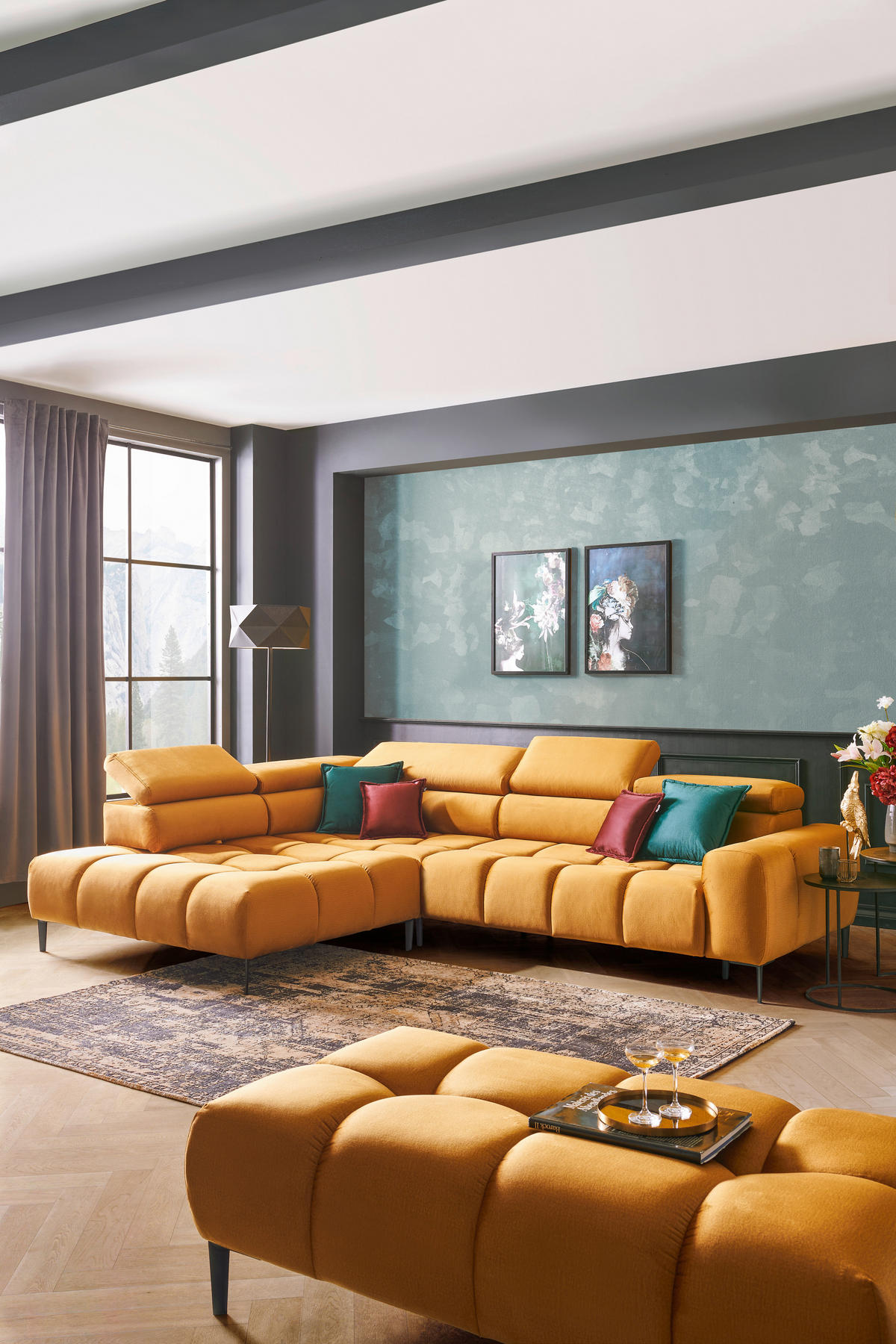 ECKSOFA Currygelb Webstoff Rücken echt, Kopfteilverstellung, Sitztiefenverstellung  - Currygelb/Schwarz, Design, Textil/Metall (216/300cm) - Welnova