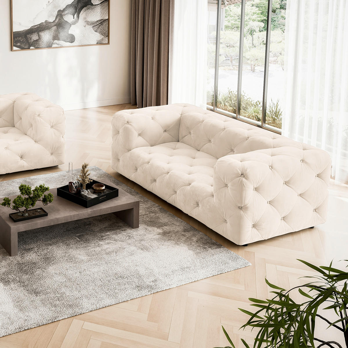 2-SITZER-SOFA Fresco Samt Creme  - Creme/Schwarz, Design, Kunststoff/Textil (193/71/100cm) - P & B