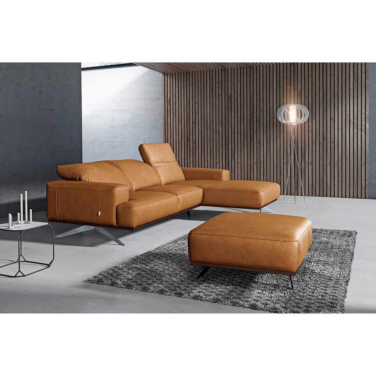 ECKSOFA  in Echtleder Cognac  295/187 cm  - Chromfarben/Cognac, Design, Leder/Metall (295/187cm) - Livetastic