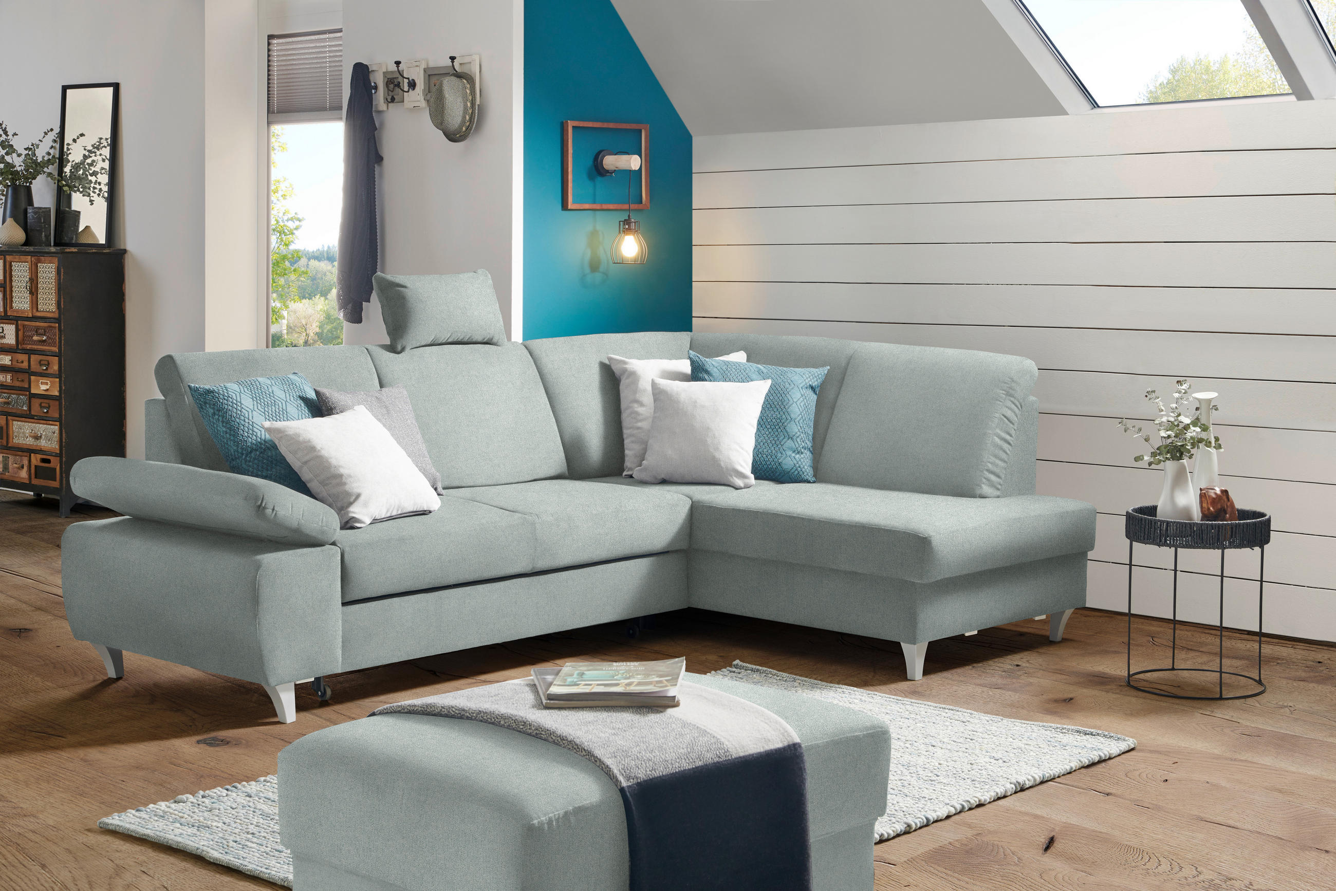 ECKSOFA in Flachgewebe Hellgrau  - Silberfarben/Hellgrau, Konventionell, Holz/Textil (255/186cm) - Cantus