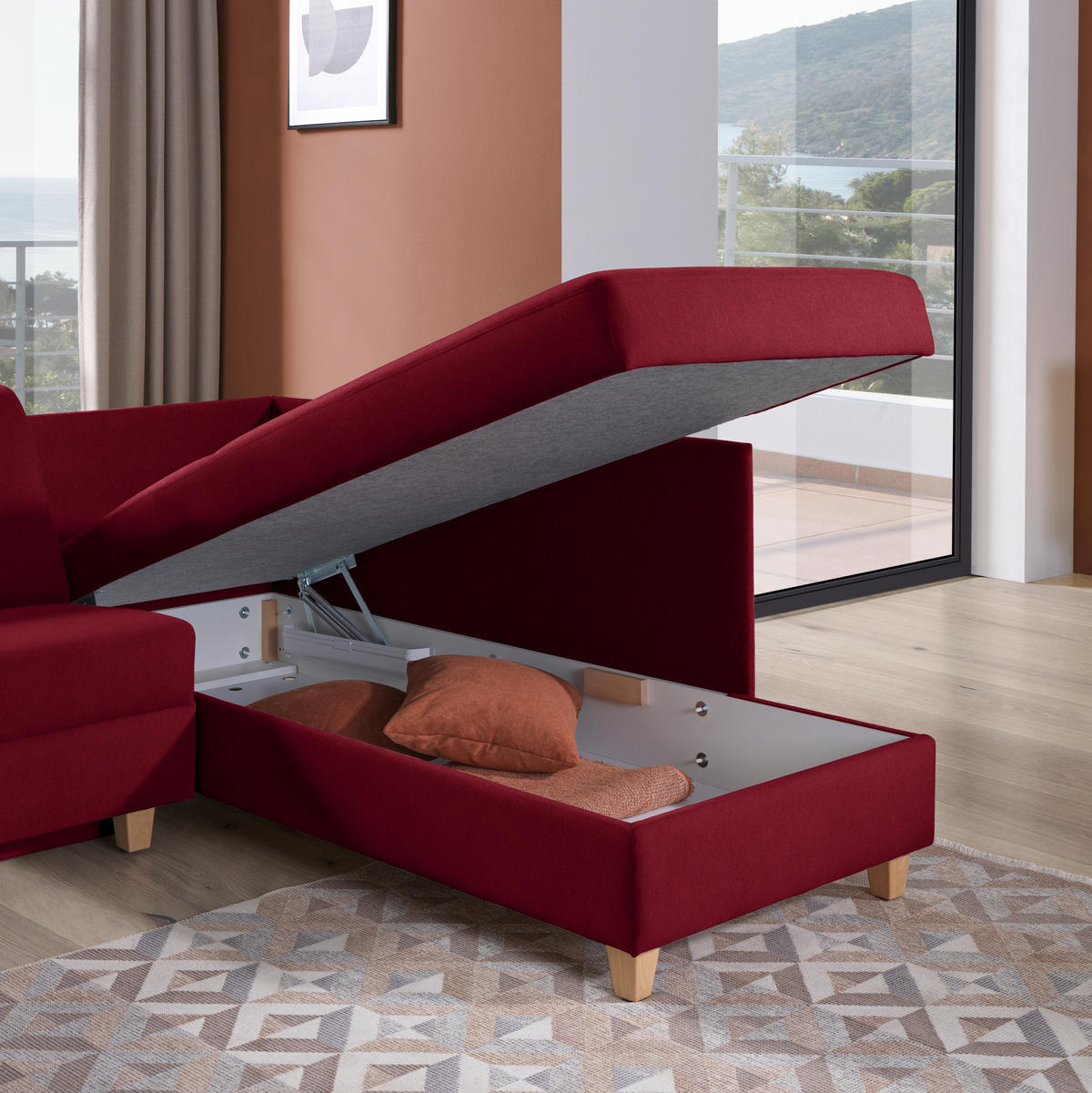 ECKSOFA in Flachgewebe Rot  261/203 cm  - Eichefarben/Rot, KONVENTIONELL, Holz/Textil (261/203cm) - Sedda