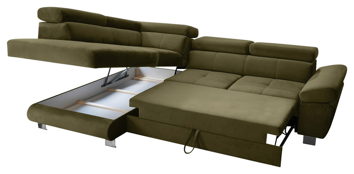 ECKSOFA Grün Webstoff Bettkasten, Schlaffunktion, Rücken echt, Armteilverstellung, Kopfteilverstellung  - Chromfarben/Grün, MODERN, Textil/Metall (205/278cm) - Stylife
