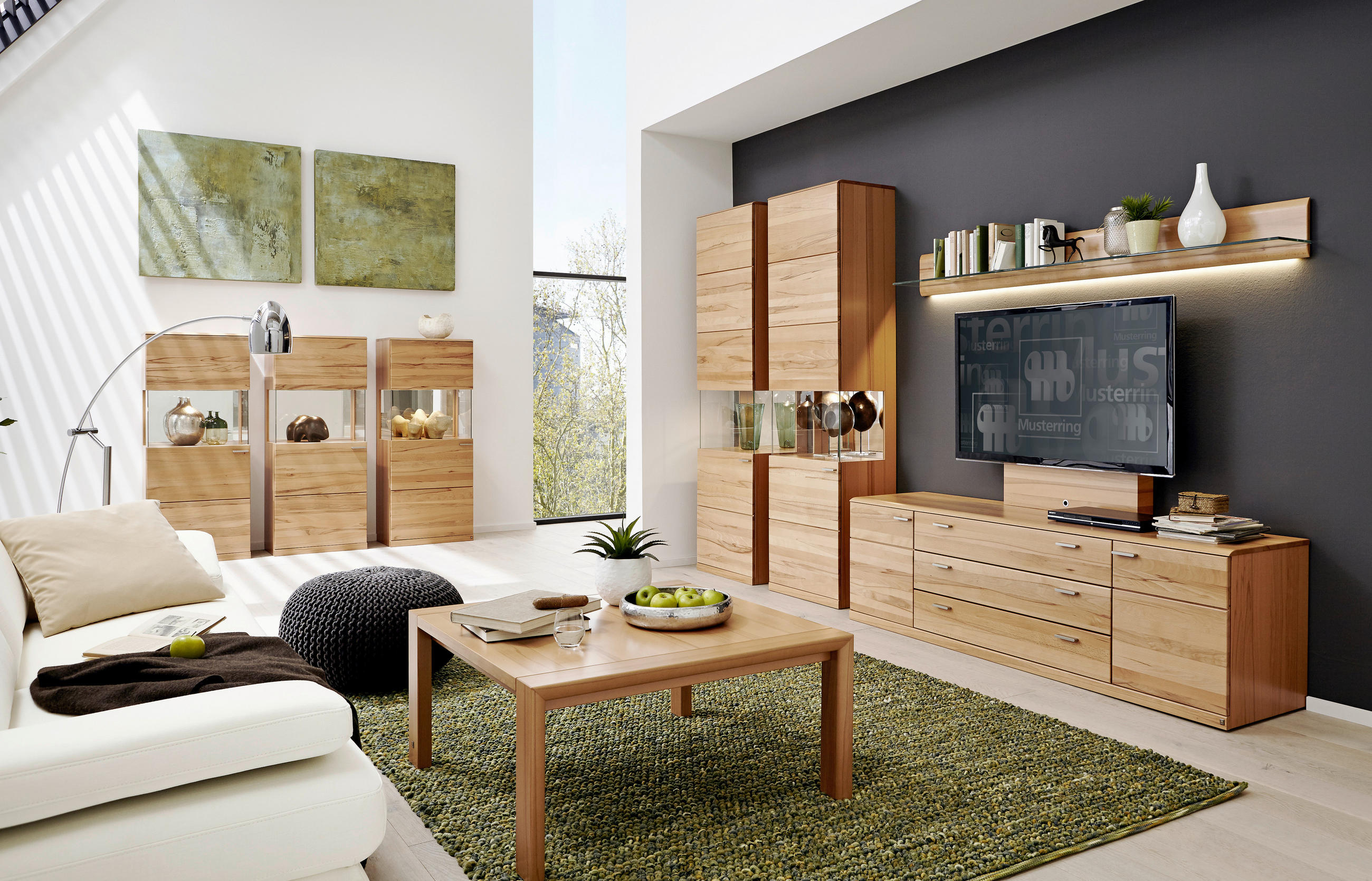 WOHNWAND Kanto  in Buchefarben  345/218/49 cm  - Edelstahlfarben/Buchefarben, KONVENTIONELL, Glas/Holz (345/218/49cm) - Musterring