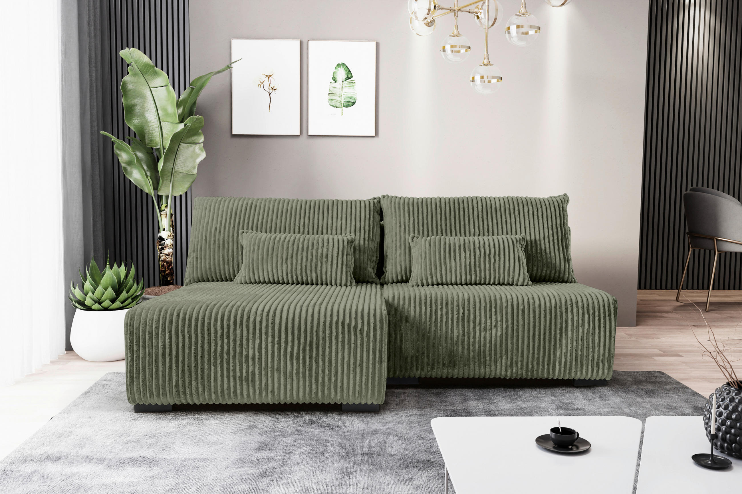 ECKSOFA in Cord Olivgrün  - Schwarz/Olivgrün, Modern, Holz/Textil (145/210cm) - MID.YOU