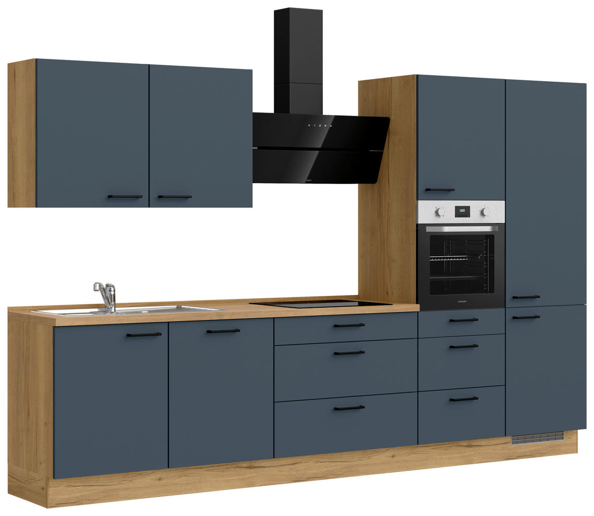 KÜCHENBLOCK 330 cm   in Eichefarben, Dunkelblau  - Eichefarben/Schwarz, MODERN, Holzwerkstoff/Metall (330cm) - Nobilia