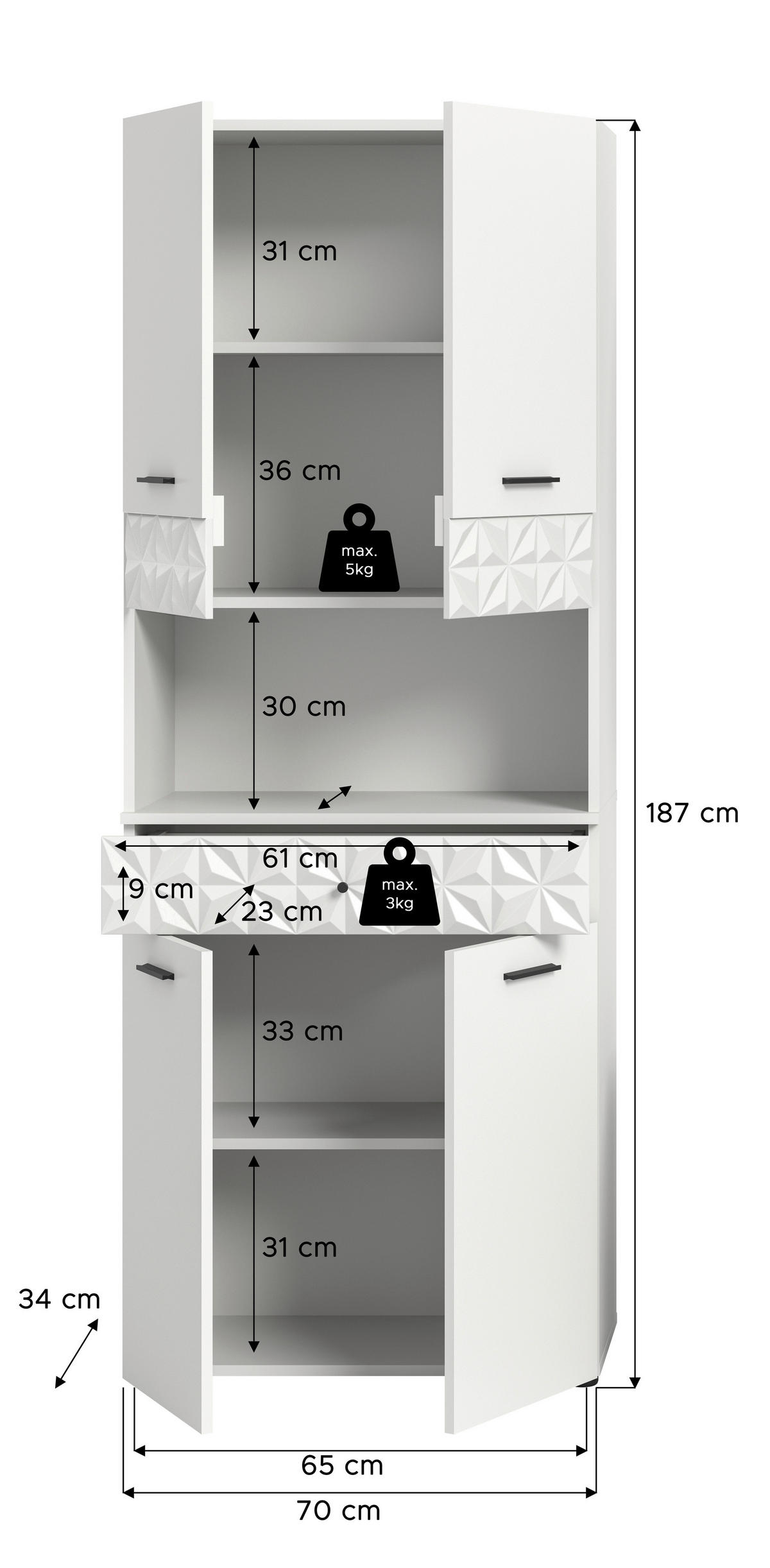 VISOKA OMARA 70/187/34 cm  - črna/bela, Moderno, kovina/umetna masa (70/187/34cm) - MID.YOU