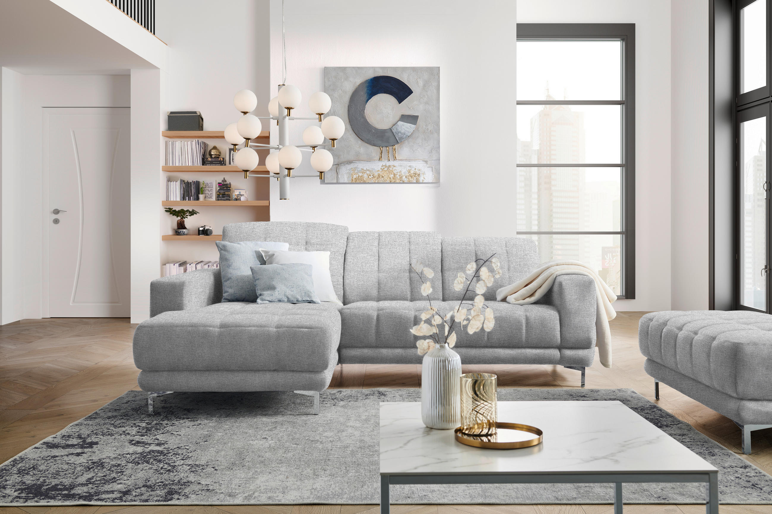 ECKSOFA in Webstoff Hellgrau  - Chromfarben/Hellgrau, Design, Textil/Metall (187/260cm) - Xora