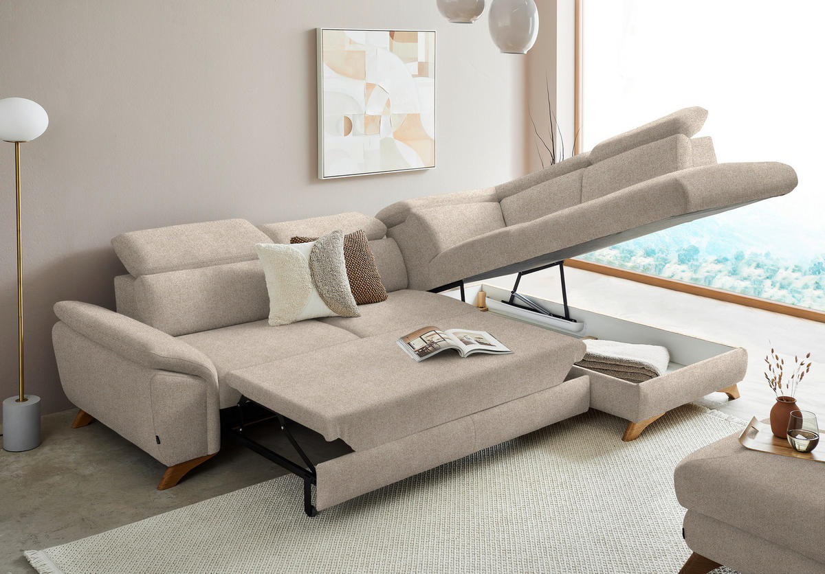 ECKSOFA in Bouclé Beige  - Eichefarben/Beige, Modern, Holz/Textil (287/212cm) - Valnatura