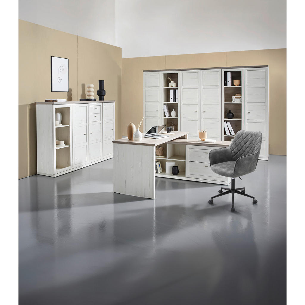 Thumbnail - Hom`in Eckschreibtisch, Grau, Weiß, Holzwerkstoff, 2 Schubladen, rechteckig, Wange, Sockel, 145.3x76x160 cm, Stauraum, s...