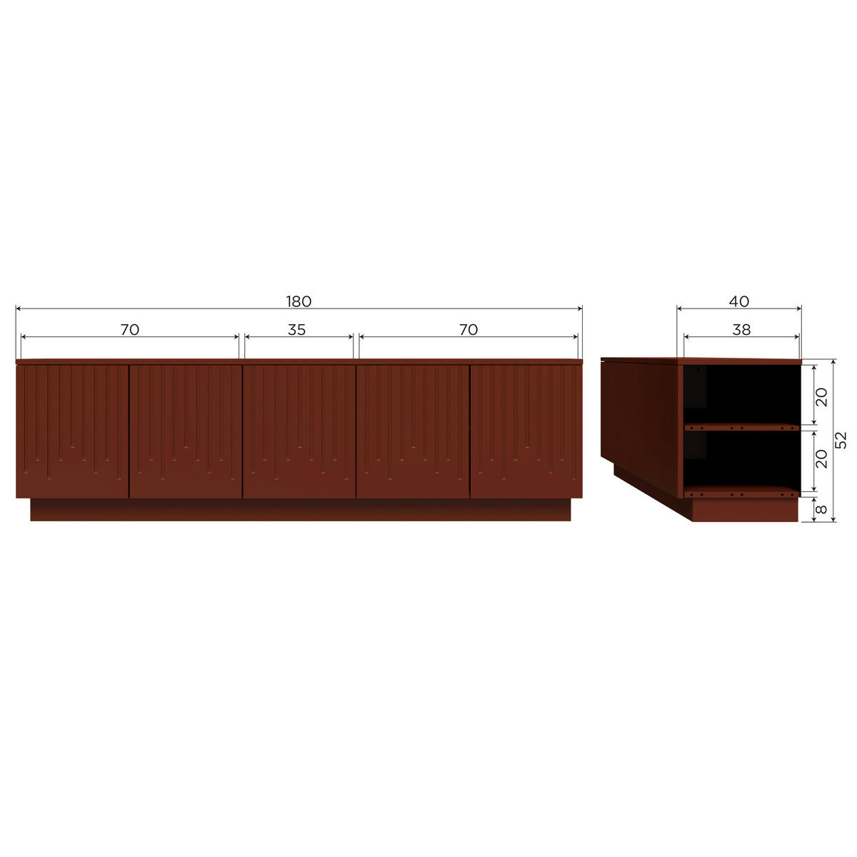 LOWBOARD Pencil  in 180/52/40 cm  - Dunkelrot, Design, Holz (180/52/40cm) - Livetastic
