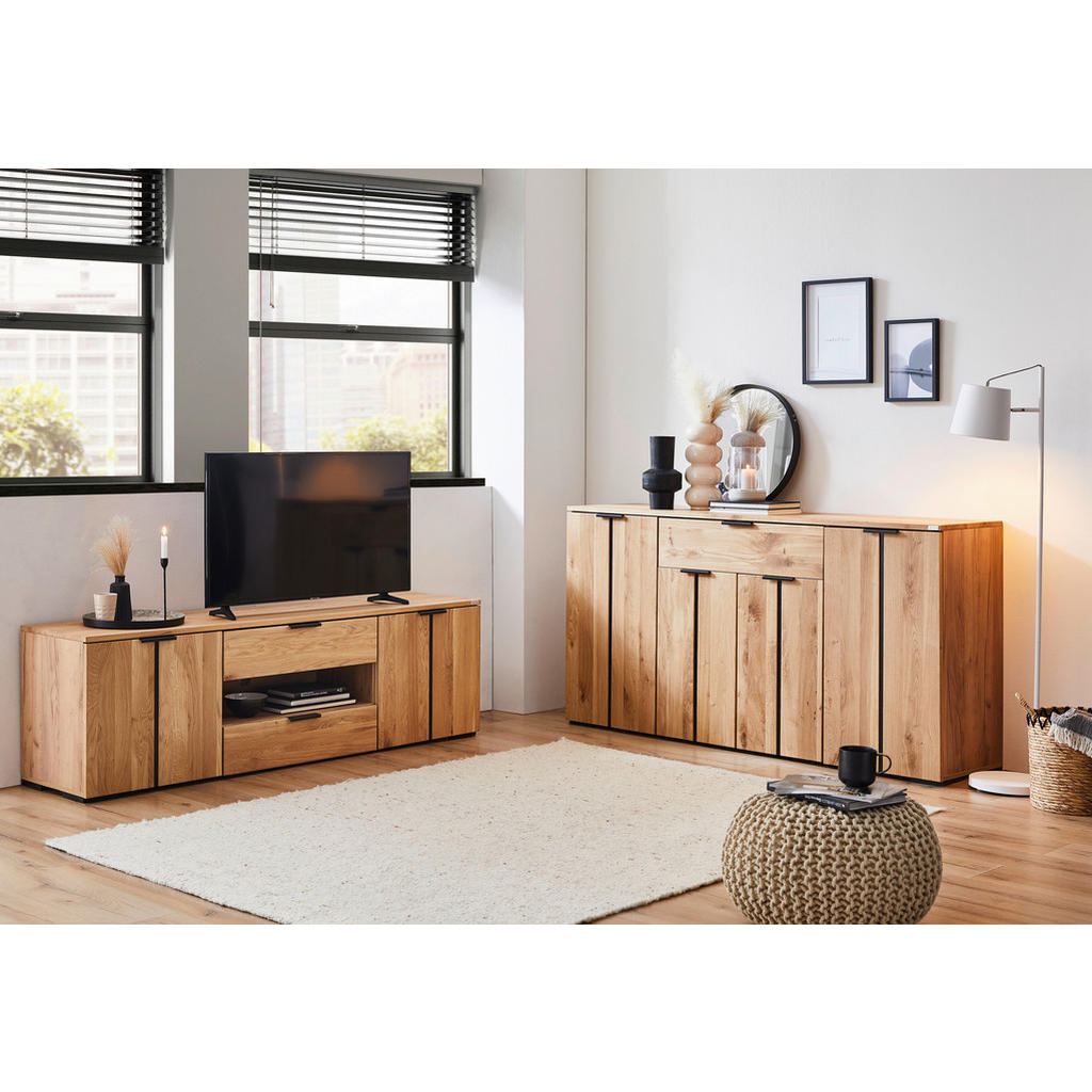 Thumbnail - Linea Natura Tv-Element, Eiche, Schwarz, Metall, Wildeiche, 2 Fächer, 2 Schubladen, 180x54x43 cm, Kabeldurchlass, Holzmö...