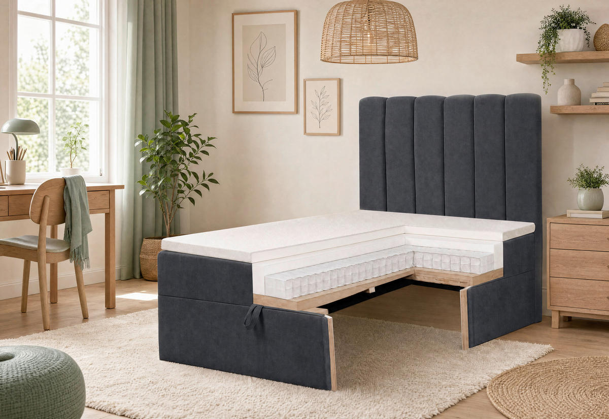 BOXBETT 100/200 cm,  in Anthrazit, Matratze, gepolstertes Kopfteil, Bettkasten, Topper, H3 = fest  - Anthrazit/Schwarz, Basics, Kunststoff/Textil (100/200cm) - Chameo