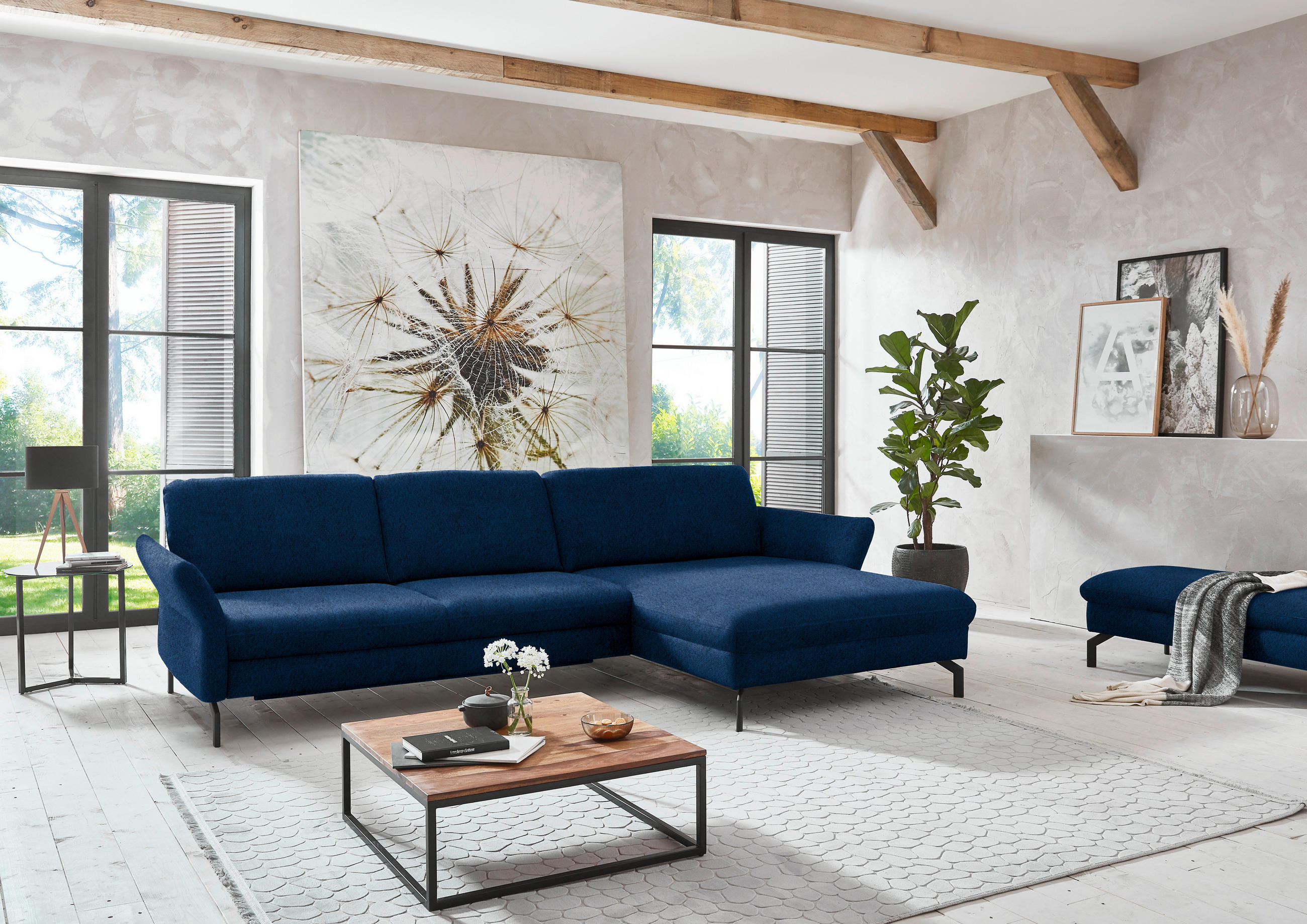 ECKSOFA in Velours Dunkelblau  - Schwarz/Dunkelblau, Design, Textil/Metall (306/179cm) - Beldomo System