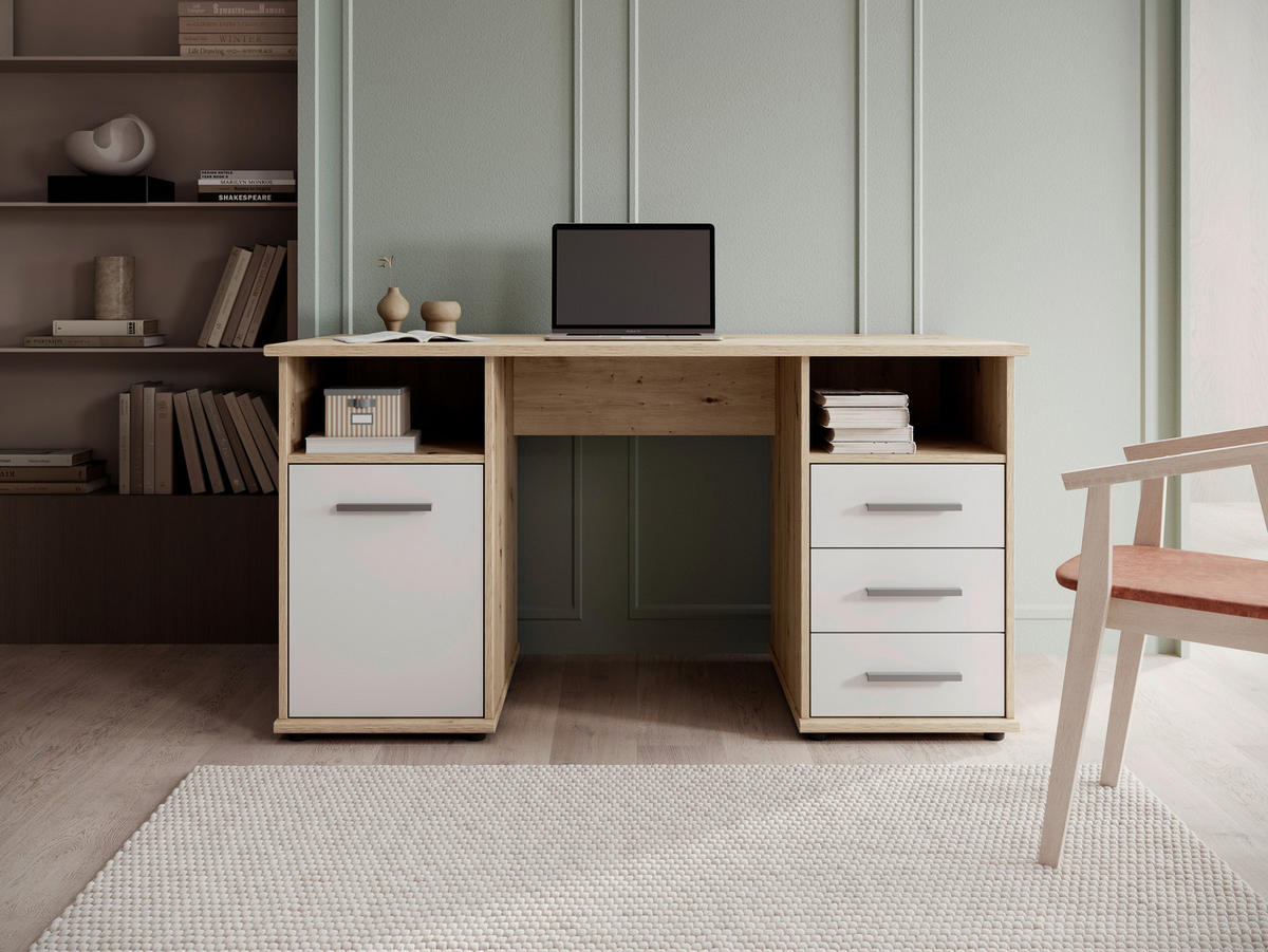 Birou, material pe bază de lemn - argintiu/alb, Modern, plastic/material pe bază de lemn (145/76/67cm) - Xora