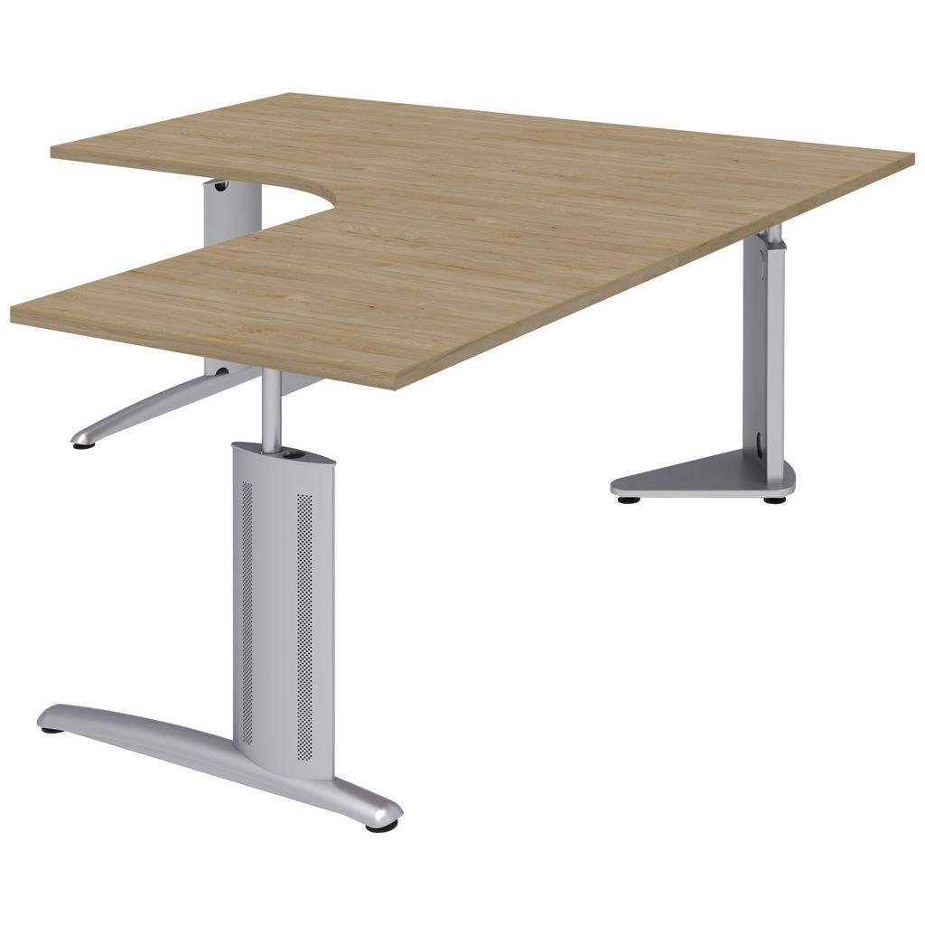 Thumbnail - Moderano Eckschreibtisch, Grau, Eiche, Alu, Metall, Holzwerkstoff, Kufe, 180x70-82x180 cm, Made in Germany, Arbeitszimme...