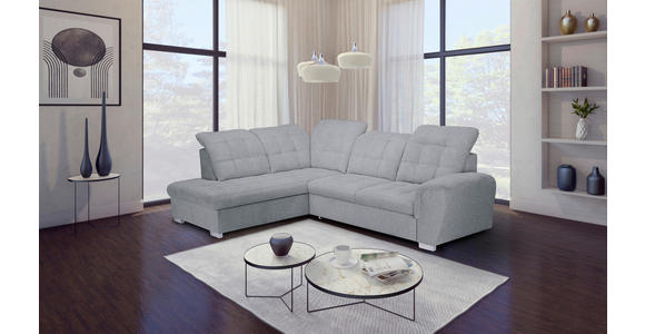 ECKSOFA Hellgrau Chenille  inkl. Bettkasten, Schlaffunktion, Rücken echt, Kopfteilverstellung, Liegefläche im Originalstoff  - Chromfarben/Hellgrau, KONVENTIONELL, Kunststoff/Textil (205/260cm) - Carryhome