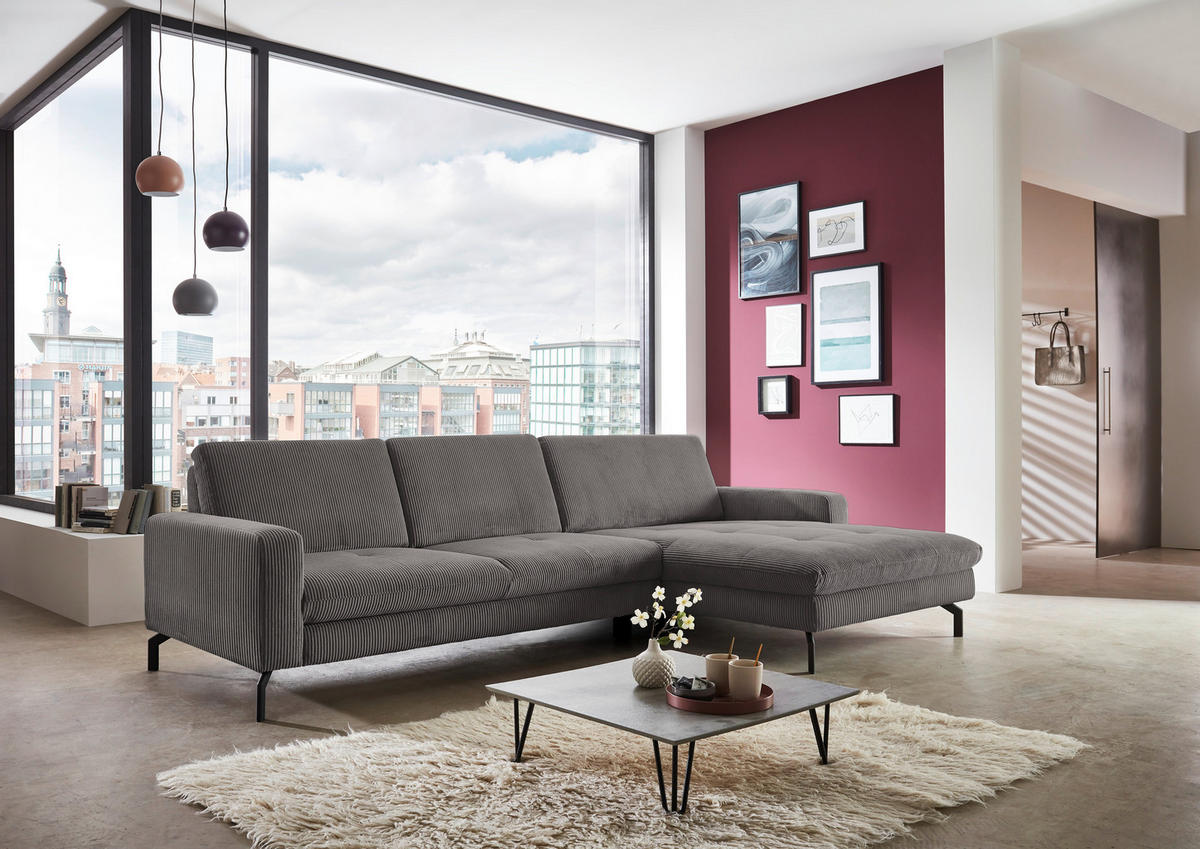 ECKSOFA in Cord Anthrazit  - Anthrazit/Schwarz, Design, Textil/Metall (302/178cm) - Beldomo Style