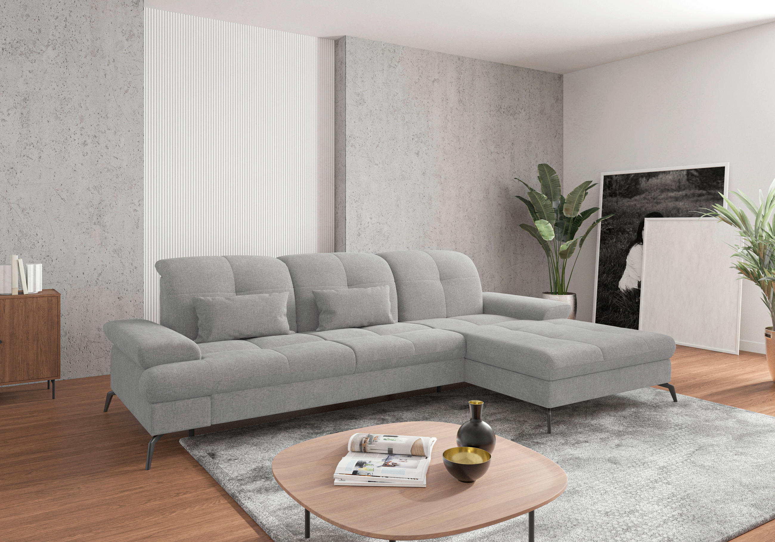ECKSOFA Hellgrau Flachgewebe Armteilverstellung, Kopfteilverstellung, Sitztiefenverstellung  - Hellgrau/Schwarz, KONVENTIONELL, Textil/Metall (279/185cm) - Sit & More