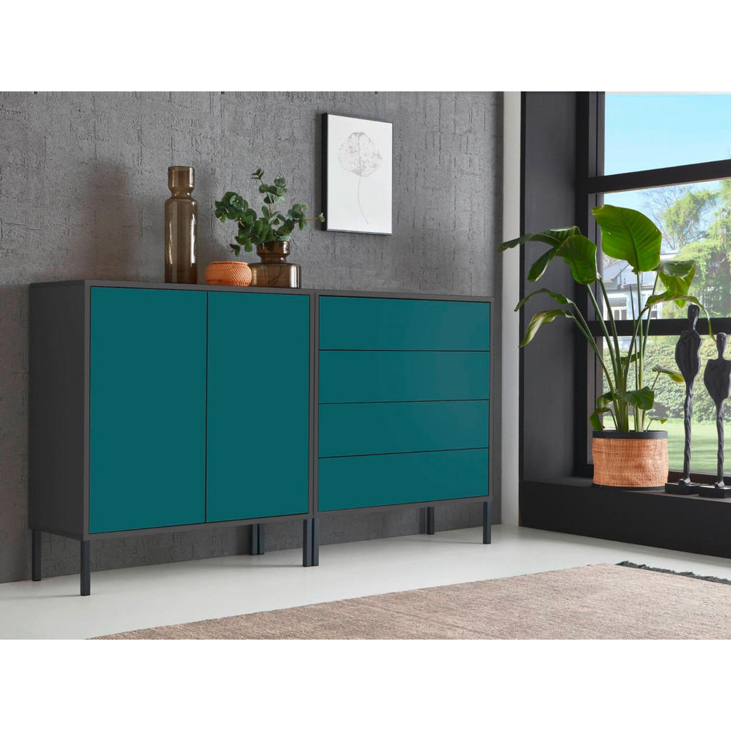 Thumbnail - Mid.you Sideboard Mailand Set 3 + MF, Anthrazit, Petrol, Holzwerkstoff, 3 Fächer, 4 Schubladen, 158x86x33 cm, erweiterba...