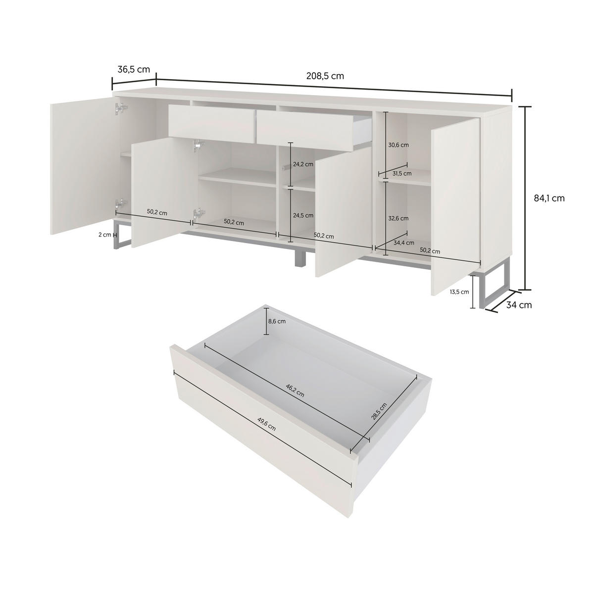 SIDEBOARD Alto 208,5/84,1/36,5 cm 2 Schublade(n)  - Kaschmir/Schwarz, Design, Holzwerkstoff/Metall (208,5/84,1/36,5cm) - MID.YOU