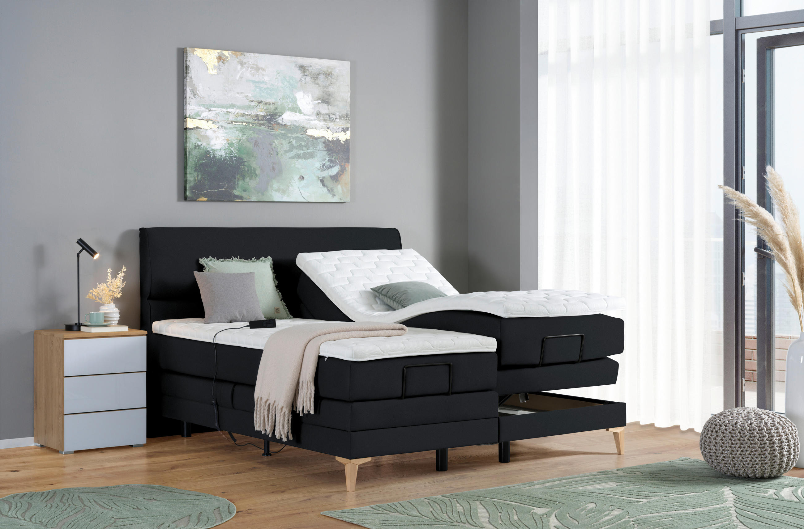 BOXSPRINGBETT 180/200 cm  in Schwarz  - Eichefarben/Schwarz, KONVENTIONELL, Holz/Textil (180/200cm) - Voleo