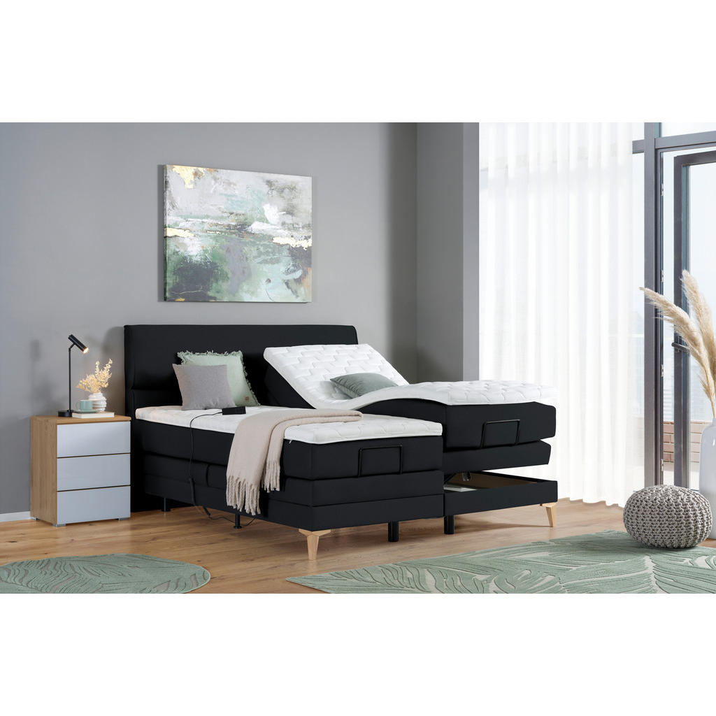 Thumbnail - Voleo Boxspringbett, Schwarz, Textil, Eiche, massiv, H3, 7-Zonen, Höhe ca. 19 cm, 160x200 cm, Über- und Sondergrößen erh...