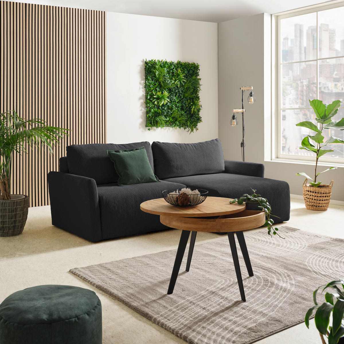 ECKSOFA in Cord Anthrazit  - Anthrazit/Schwarz, Konventionell, Kunststoff/Textil (228/146cm) - MID.YOU