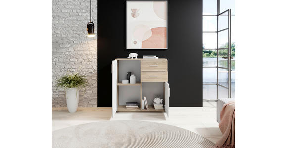 KOMMODE 80/82/35 cm in Weiß, Sonoma Eiche - Silberfarben/Schwarz, KONVENTIONELL, Holzwerkstoff/Kunststoff (80/82/35cm) - Carryhome