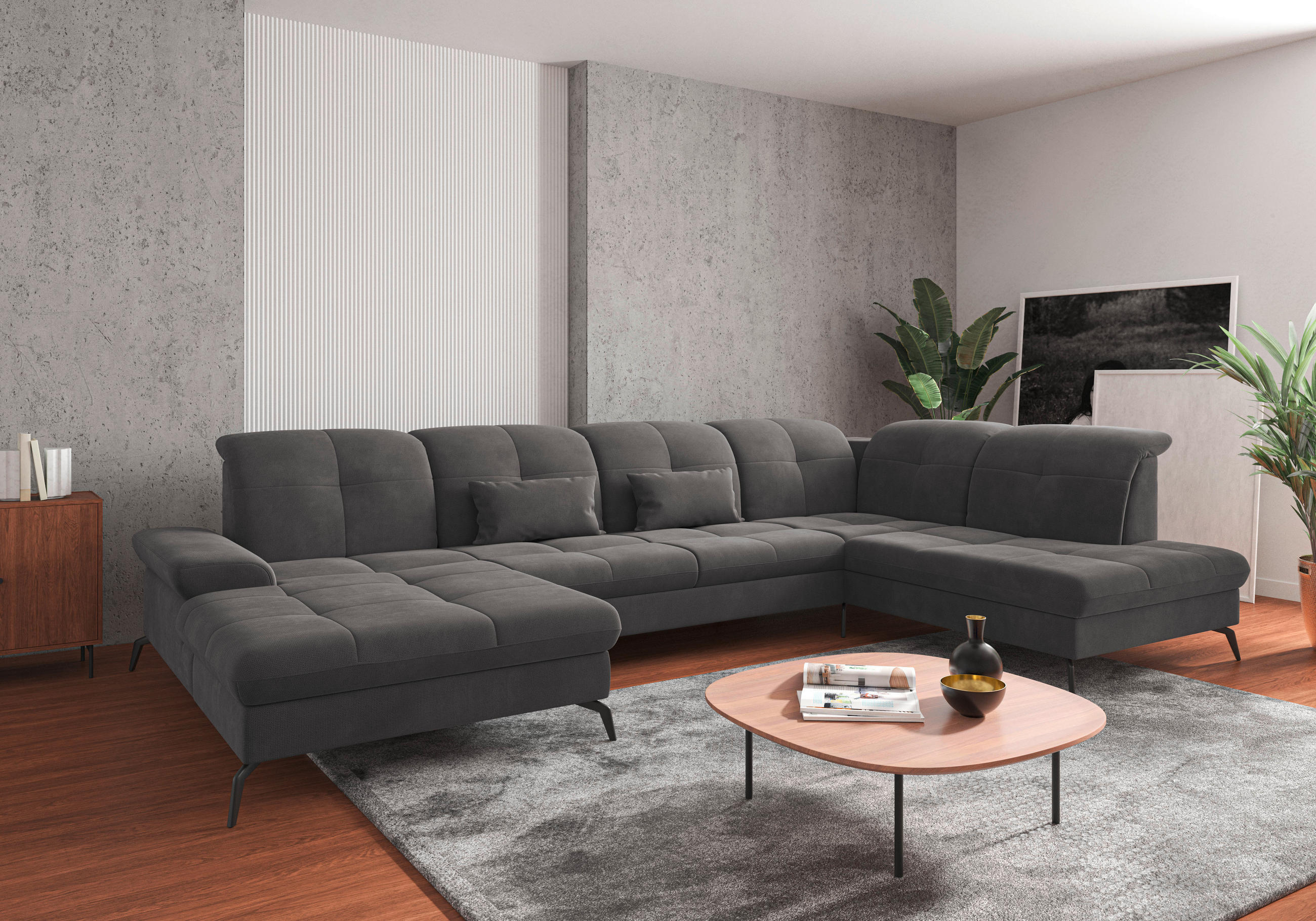 WOHNLANDSCHAFT in Flachgewebe Grau  - Schwarz/Grau, Konventionell, Textil/Metall (185/357/231cm) - Sit & More