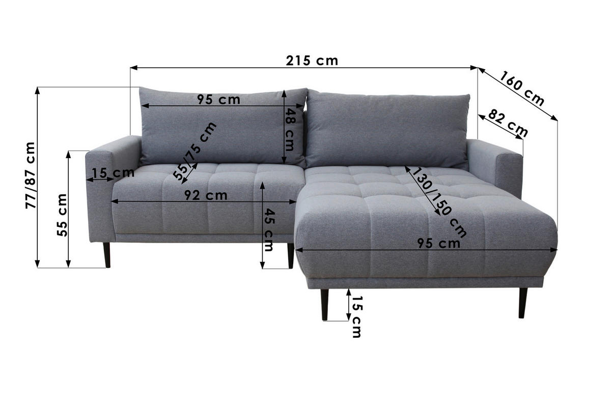 ECKSOFA Schwarz Flachgewebe  - Schwarz, Design, Holz/Textil (160/215cm) - Stylife