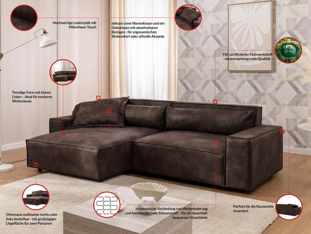ECKSOFA Curduroy in Lederlook Dunkelbraun Rückenkissen  251/142 cm  - Dunkelbraun/Schwarz, Design, Kunststoff/Textil (251/142cm) - P & B