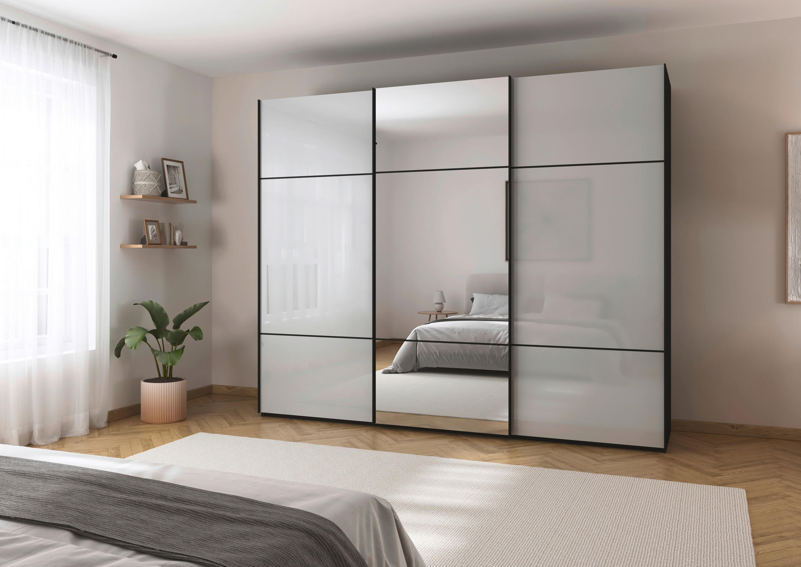 SCHWEBETÜRENSCHRANK in Grau, Schwarz  - Schwarz/Grau, Konventionell, Glas/Holzwerkstoff (242/223/68cm) - Novel