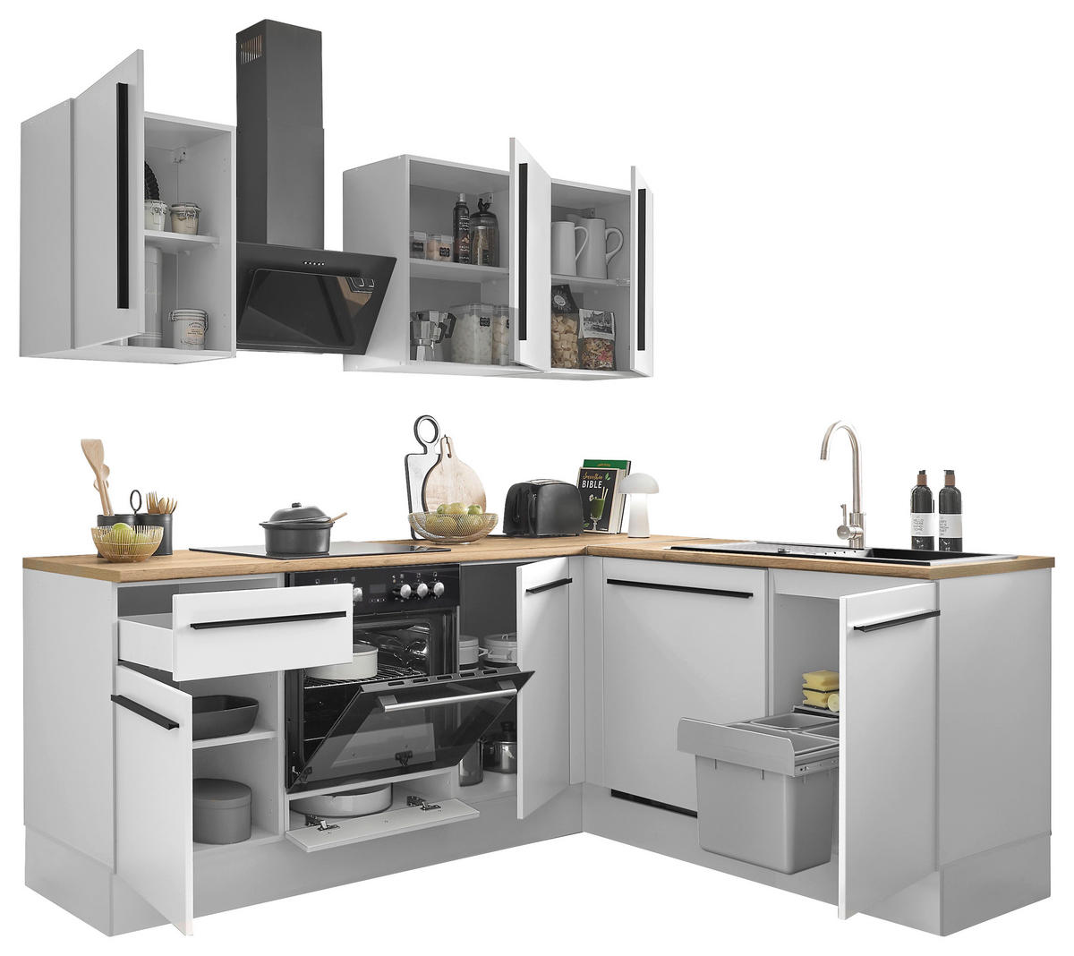 ECKKÜCHE 220/175 cm  in Weiß, Eichefarben  - Eichefarben/Schwarz, Design, Holzwerkstoff/Kunststoff (220/175cm) - MID.YOU