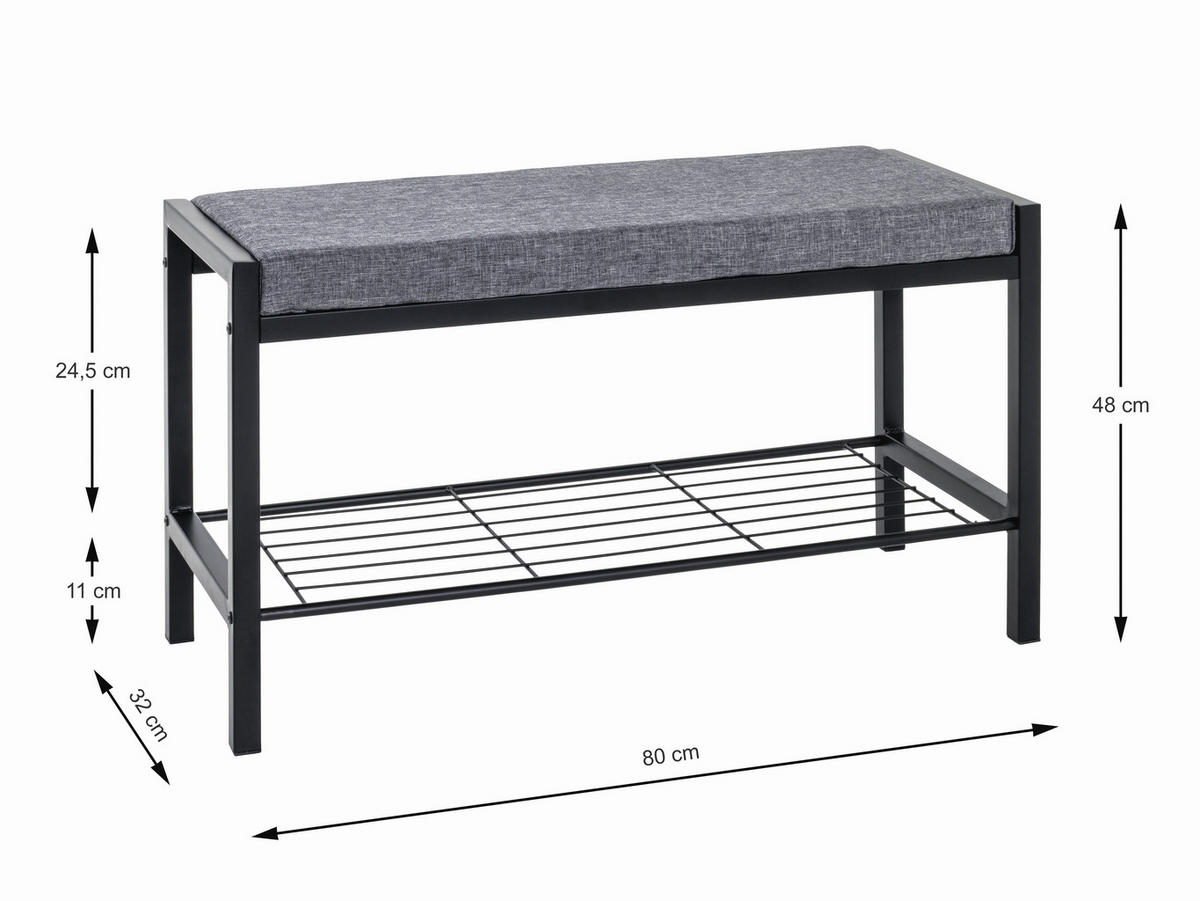 SCHUHBANK Grau, Schwarz  - Schwarz/Grau, MODERN, Textil/Metall (80/48/32cm)