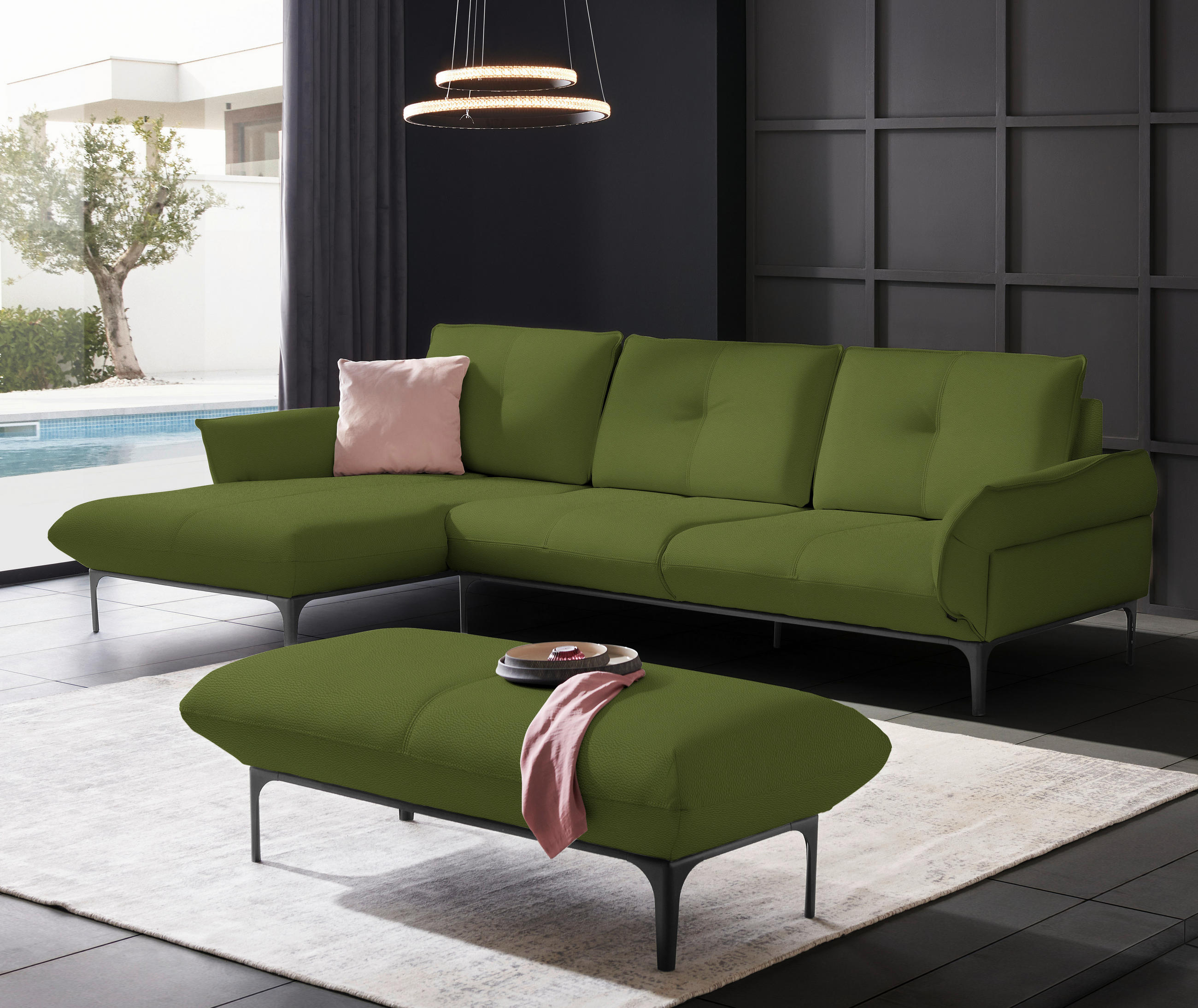 ECKSOFA in Echtleder Grün  - Schwarz/Grün, Design, Leder/Metall (182/325cm) - Valnatura