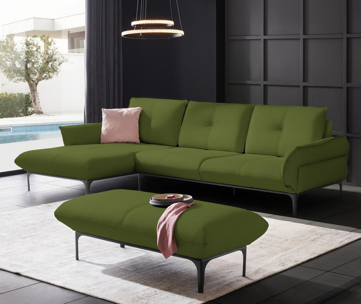 ECKSOFA in Echtleder Grün  - Schwarz/Grün, Design, Leder/Metall (182/325cm) - Valnatura