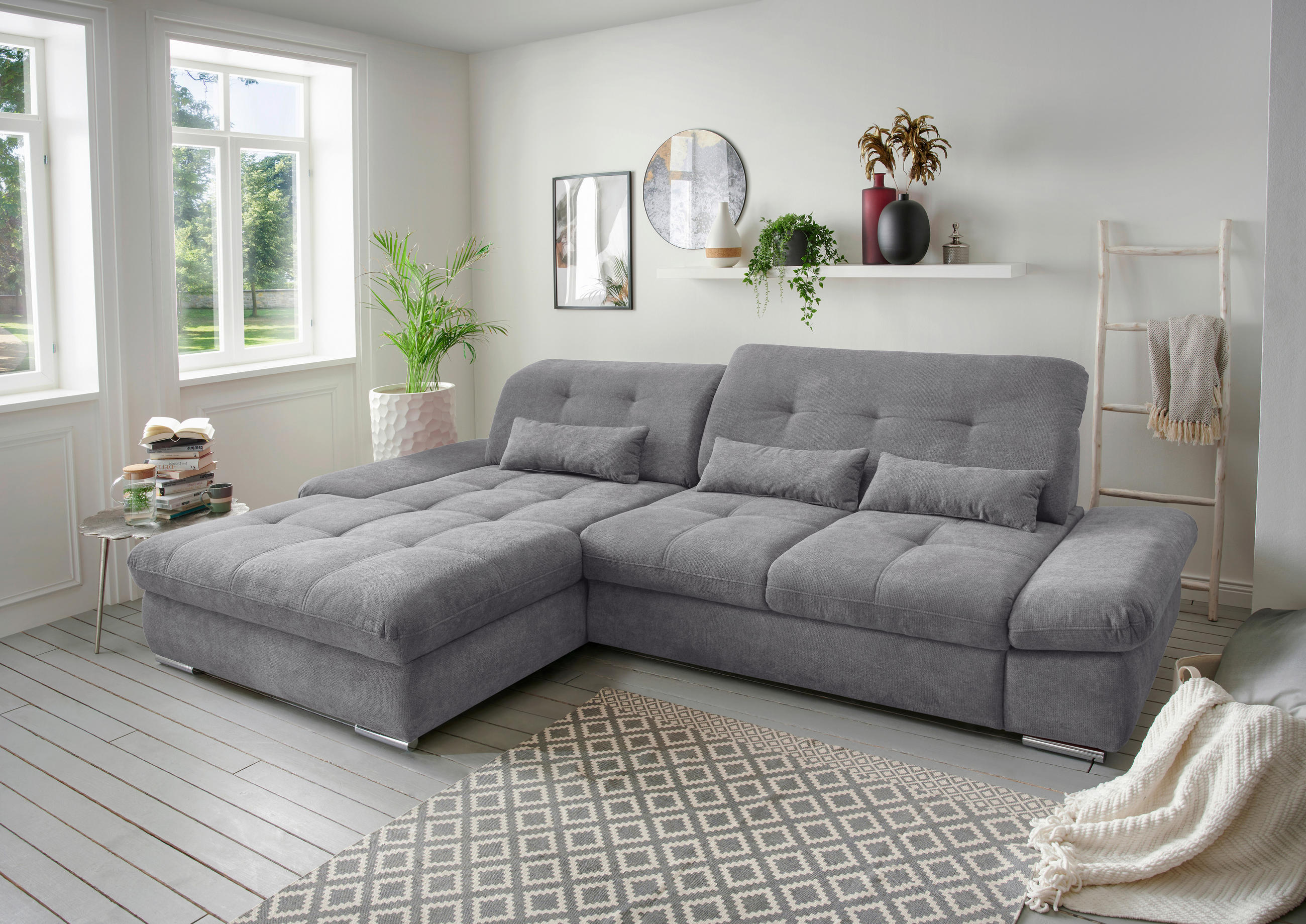 ECKSOFA in Chenille Dunkelgrau - Chromfarben/Dunkelgrau, Design, Textil/Metall (196/300cm) - Livetastic