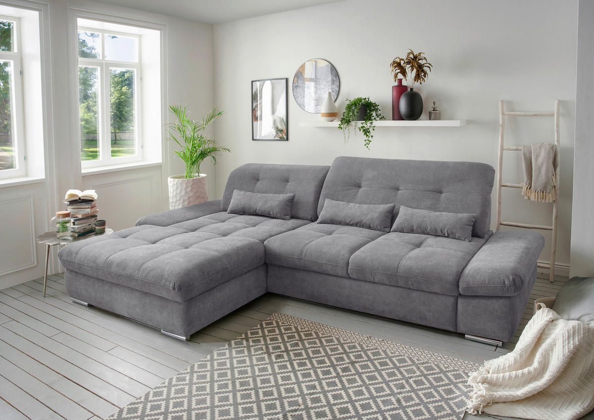 ECKSOFA in Chenille Dunkelgrau  - Chromfarben/Dunkelgrau, Design, Textil/Metall (196/300cm) - Livetastic