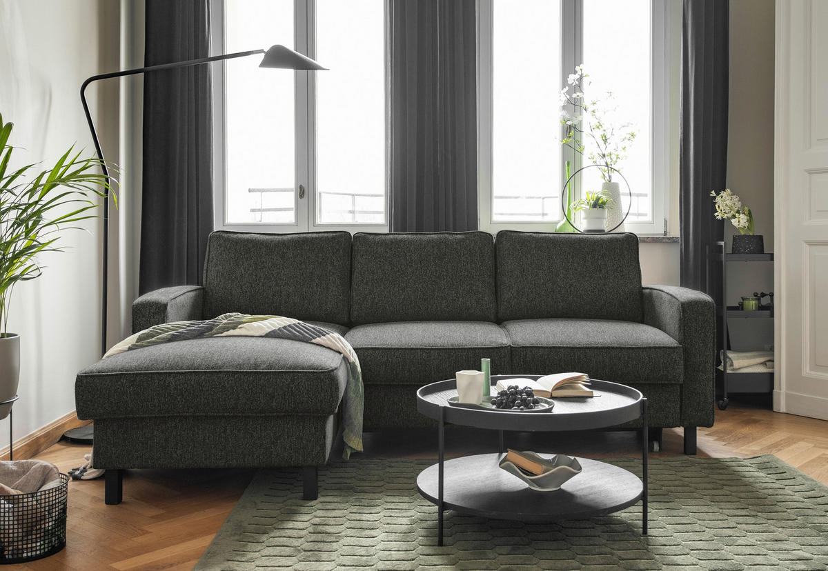 ECKSOFA in Struktur Dunkelgrau  - Dunkelgrau/Schwarz, Holz/Textil (148/228cm) - MID.YOU
