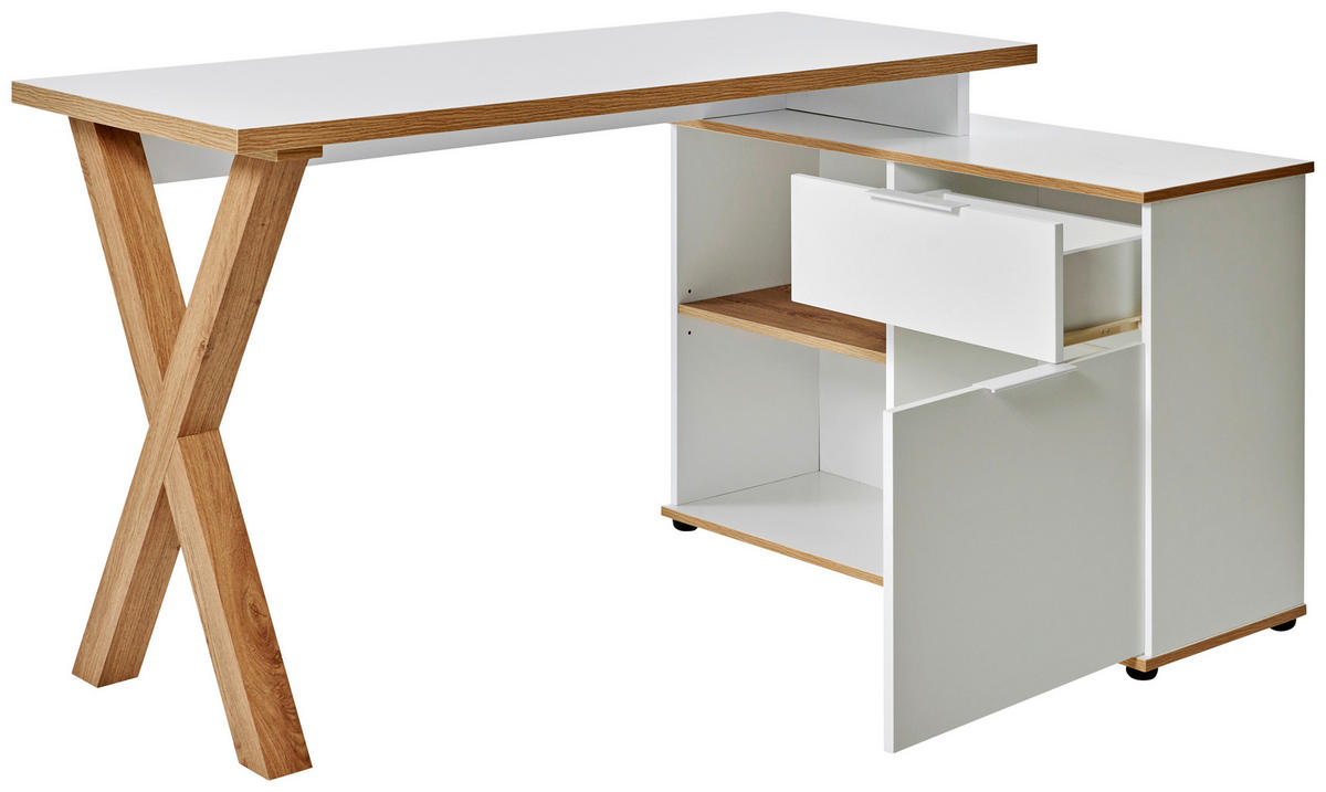 ECKSCHREIBTISCH 140/95/76 cm  in Weiss, Eichefarben  - Weiss/Eichefarben, Modern, Holzwerkstoff/Metall (140/95/76cm) - Livetastic
