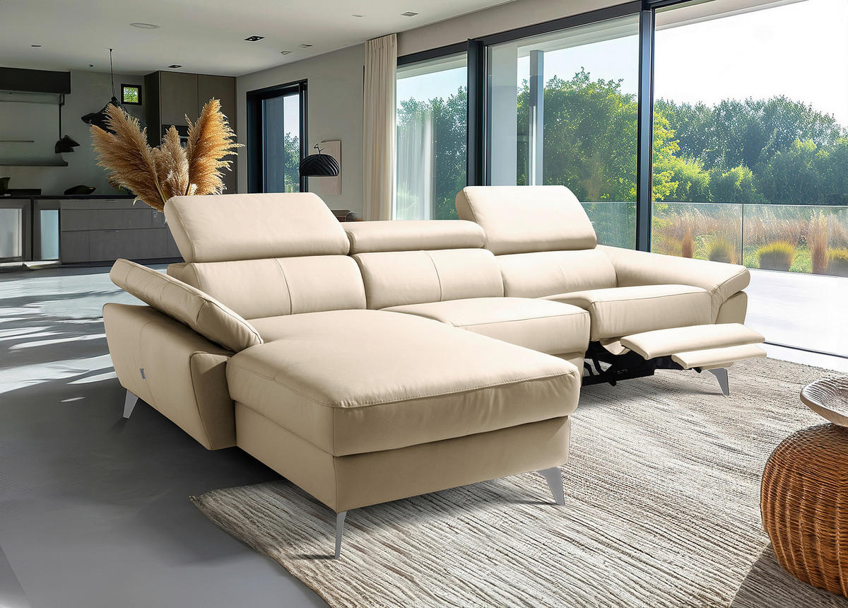 ECKSOFA Grau Echtleder Lederlook Rücken echt, Armteilverstellung, Relaxfunktion, Kopfteilverstellung  - Chromfarben/Grau, Design, Leder/Textil (179/252cm) - Livetastic