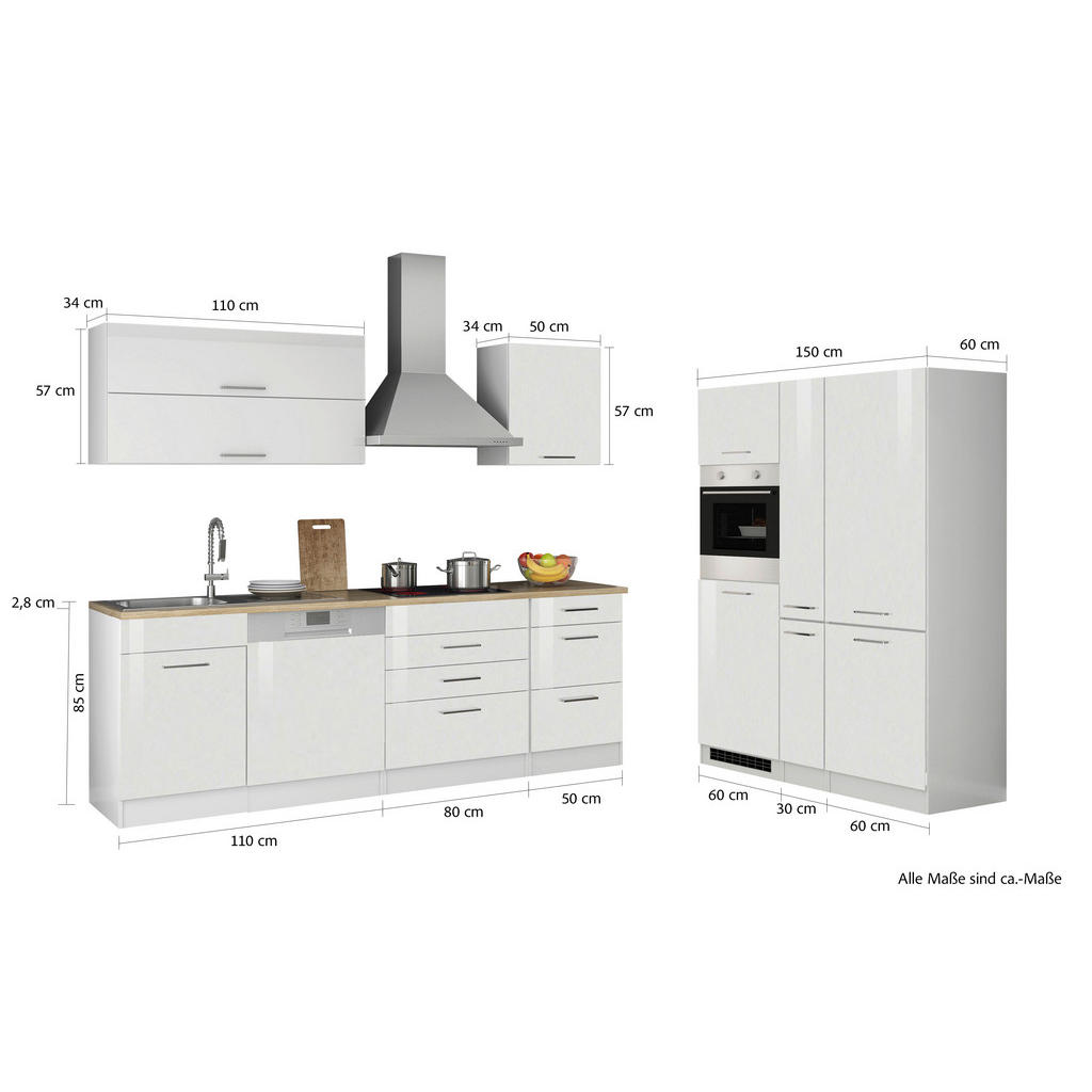 Thumbnail - Held Küchenblock Mailand, Weiß Hochglanz, Metall, 8 Schubladen, nur wie online abgebildet bestellbar, 390 cm, Made in Ge...