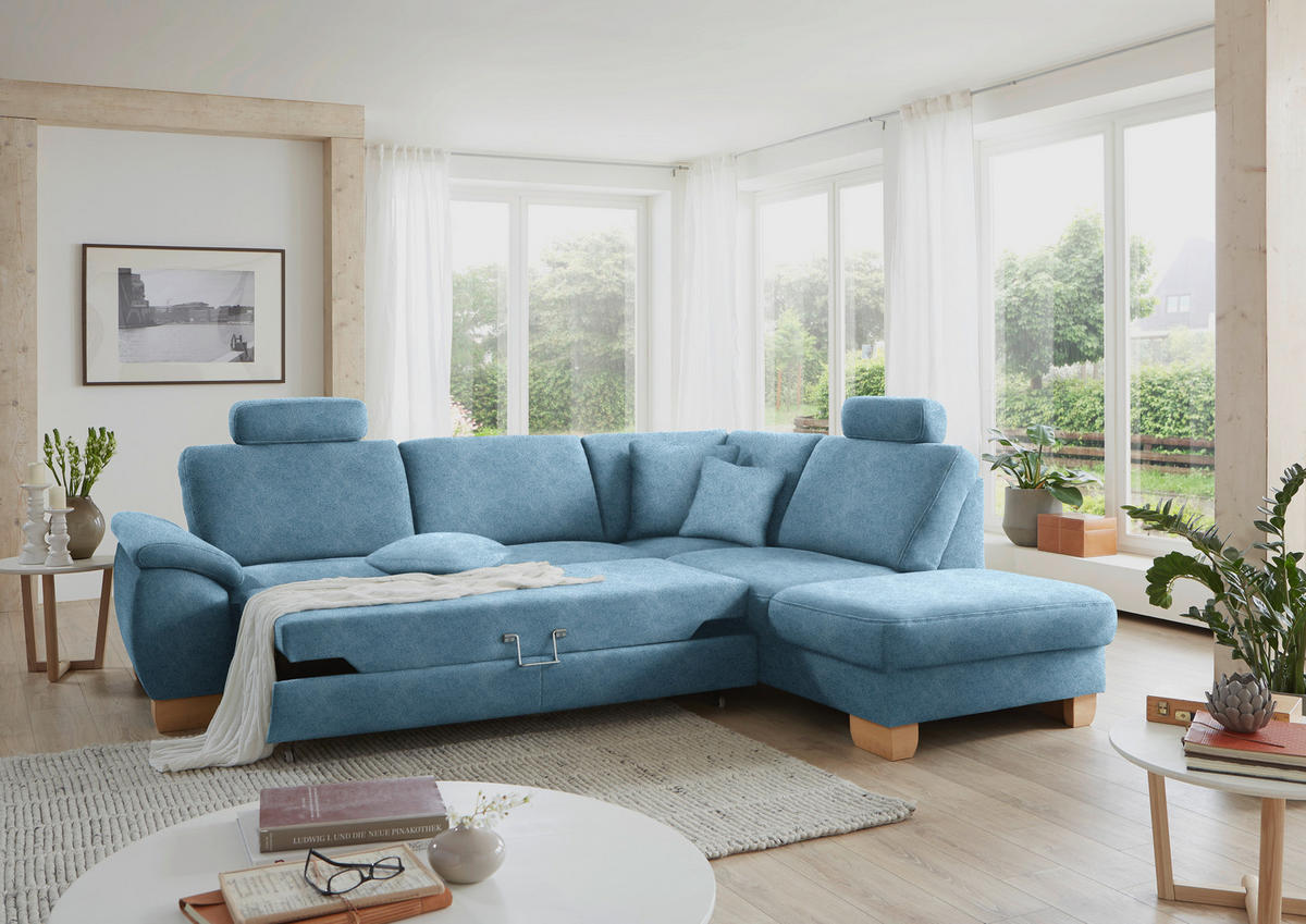 ECKSOFA in Mikrofaser Hellblau  - Wildeiche/Beige, Natur, Holz/Textil (286/236cm) - Voleo
