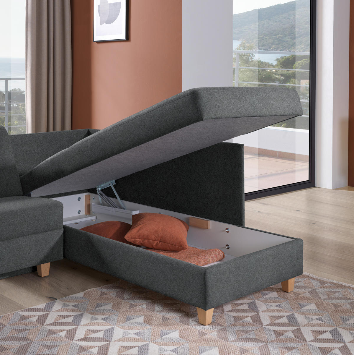 ECKSOFA in Flachgewebe Anthrazit  261/203 cm  - Eichefarben/Anthrazit, KONVENTIONELL, Holz/Textil (261/203cm) - Sedda