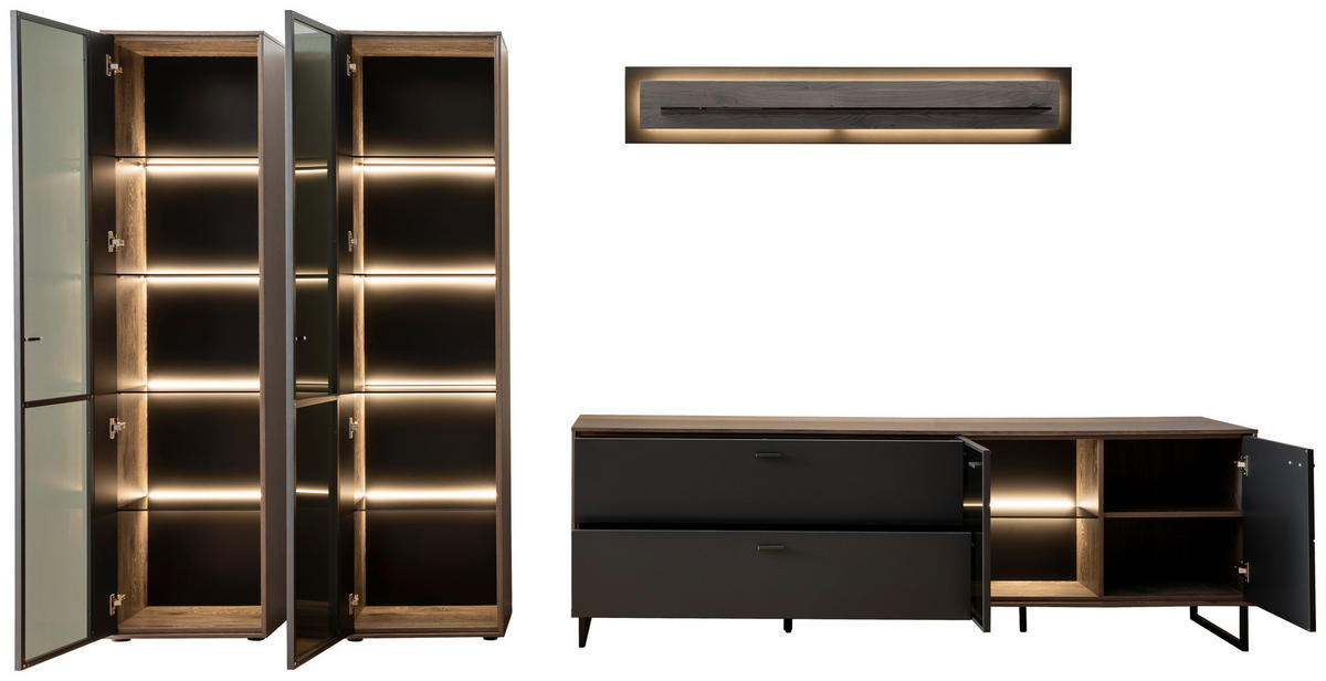 WOHNWAND  in Schwarz, Eichefarben  339/190/50 cm  - Eichefarben/Anthrazit, Design, Glas/Holz (339/190/50cm) - MID.YOU