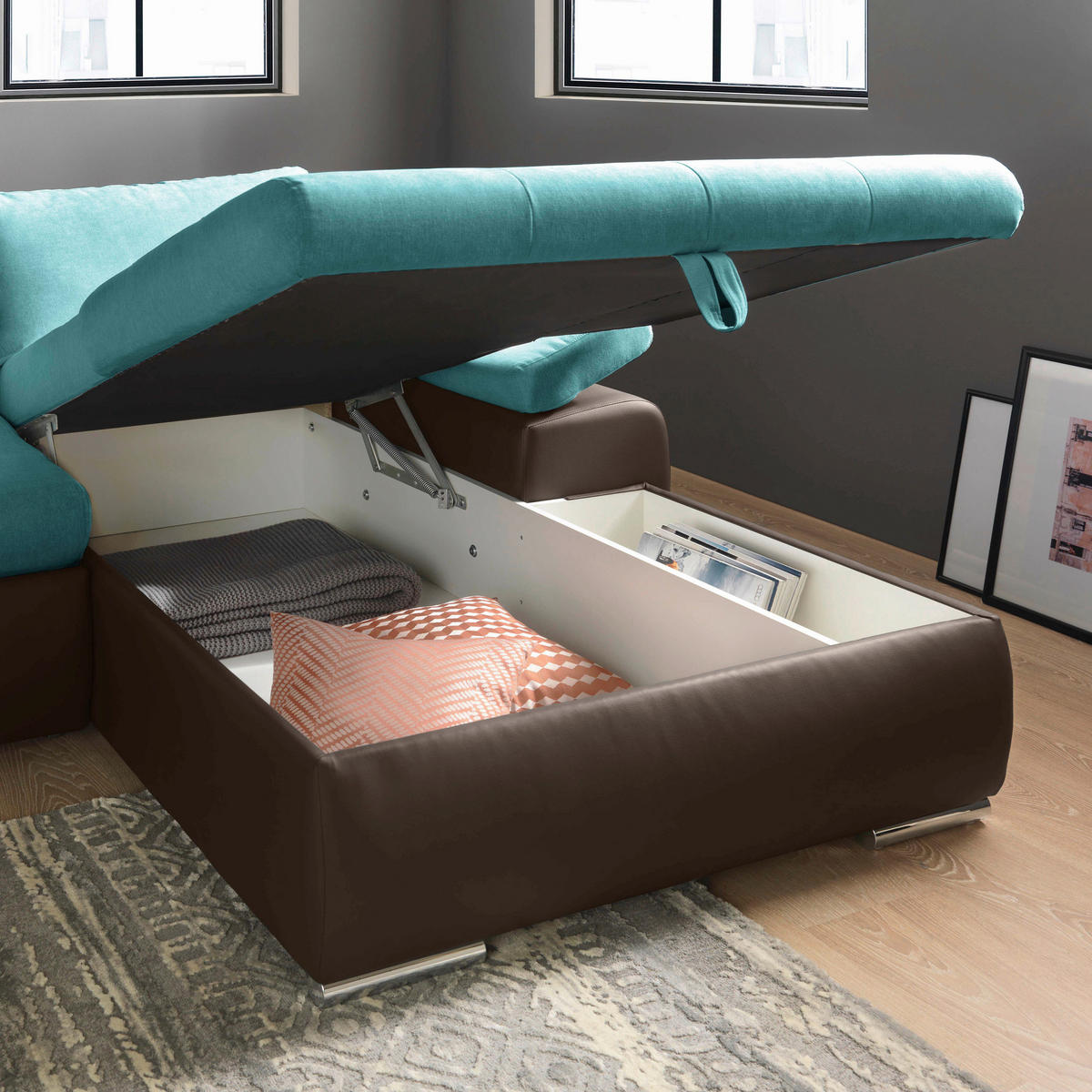 ECKSOFA Türkis, Schlammfarben Flachgewebe  - Türkis/Schlammfarben, Design, Kunststoff/Textil (271/175cm) - MID.YOU