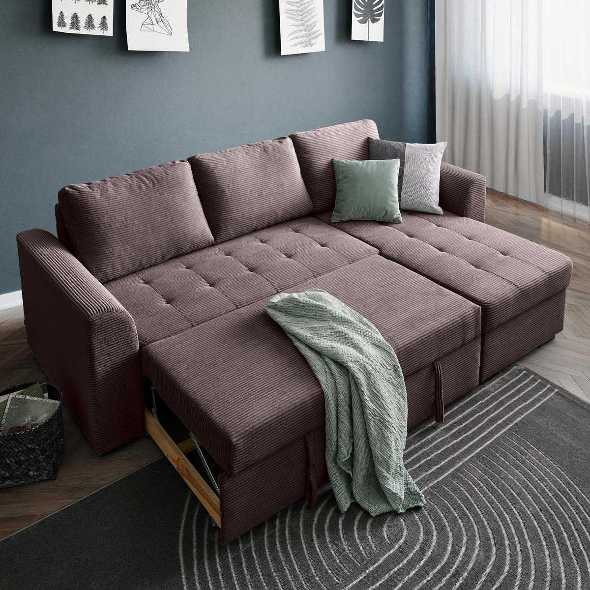 ECKSOFA in Cord, Velours Braun  - Schwarz/Braun, Design, Kunststoff/Textil (243/155cm) - Xora