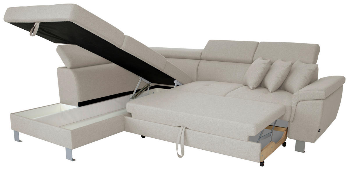 ECKSOFA inkl. Funktionen Ecru Webstoff  - Ecru/Silberfarben, Design, Textil/Metall (226/257cm) - Xora