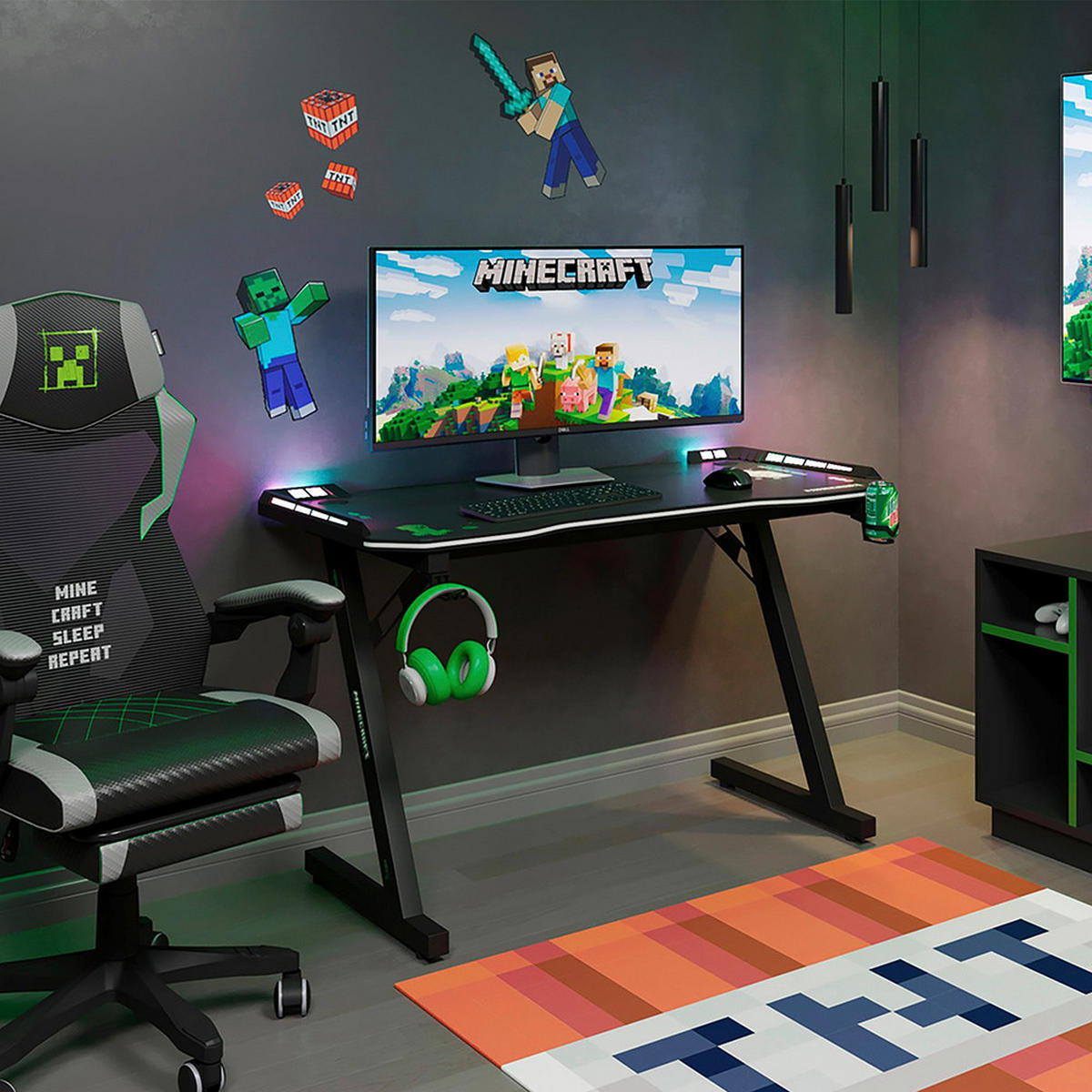 GAMINGTISCH 120/60/74 cm Schwarz Getränkehalter, Headsethalter  - Schwarz, MODERN, Holzwerkstoff/Metall (120/60/74cm) - Minecraft