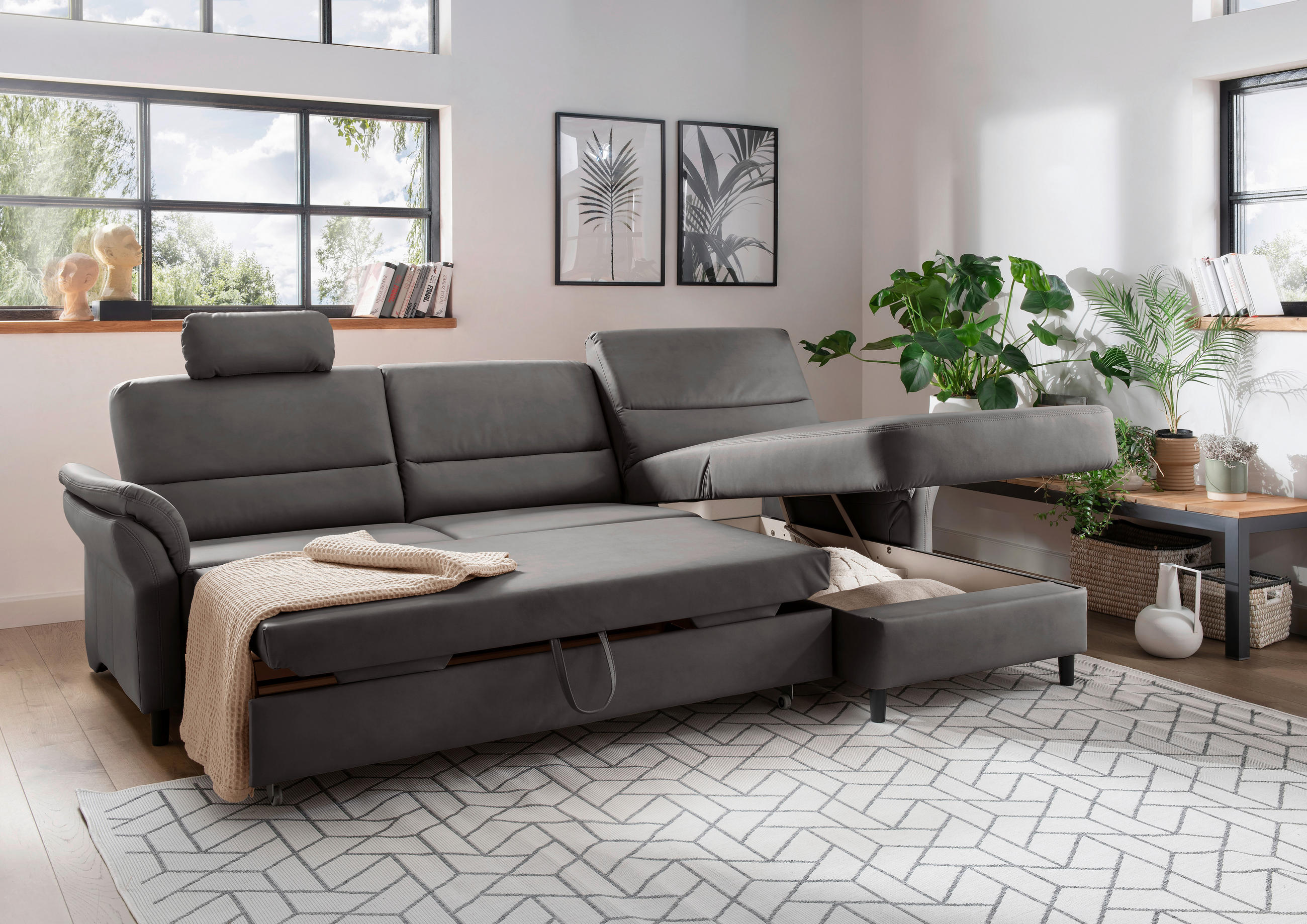 ECKSOFA in Lederlook Anthrazit  - Anthrazit/Schwarz, Modern, Holz/Textil (279/176cm) - Livetastic